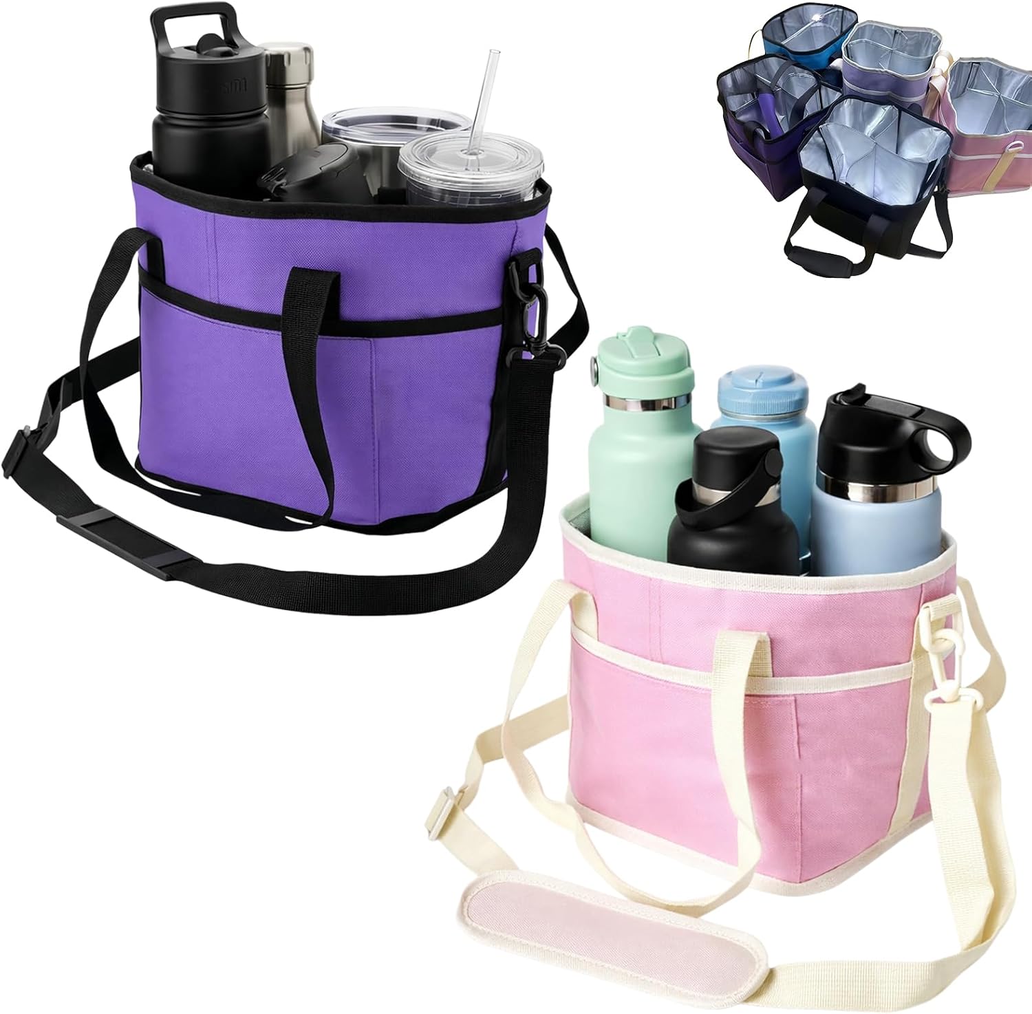 New Family Size 4 Compartment Drink Bag, Drink Holder Bag with Adjustable Strap, Reusable Insulated Drink 4 Water Bottle Carriers for Hiking, Sports, Family Outings & Daily Use