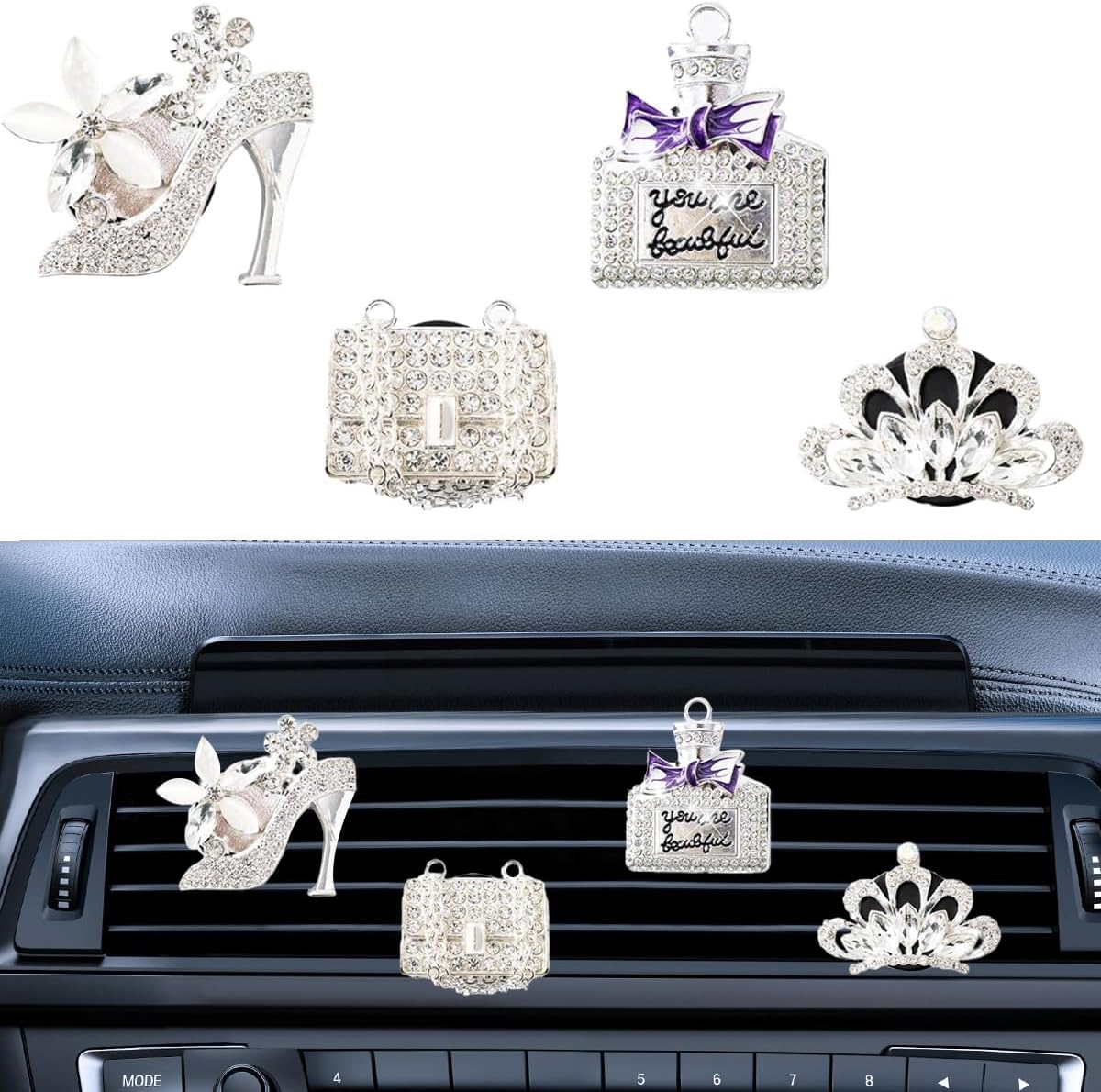 4PCS Bling Car Air Vent Clip, Crystal Rhinestone Heels Bag Crown Perfume Bottle Dashboard Air Vent Trim Clips, Car Interior Outlet Diffuser Decoration Accessory for Women (Silver)