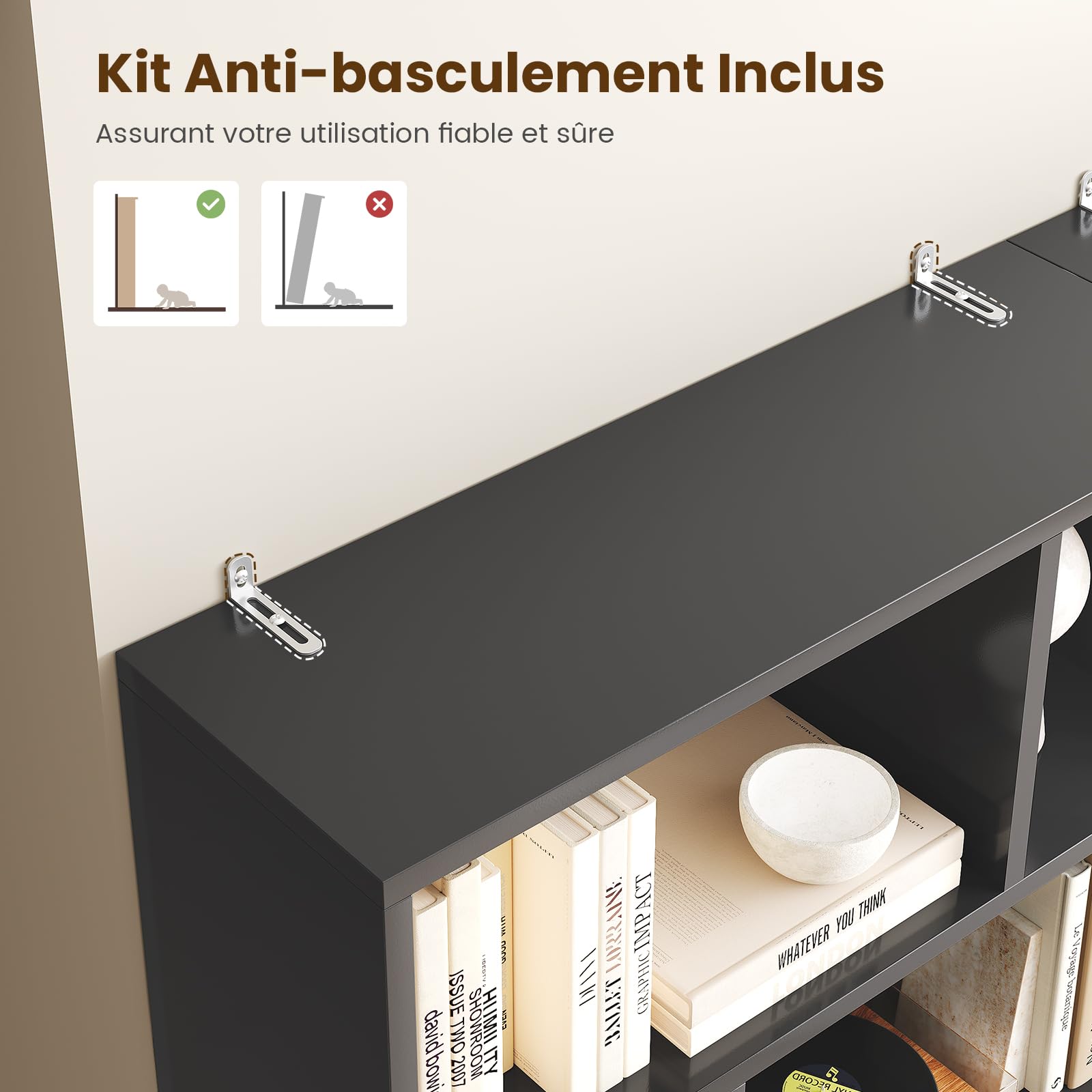 Bibliothèque, Étagère à 6 Niveaux, Cloison Séparateur, Présentoir, Meuble de Rangement avec 12 Compartiments Ouverts pour Salon, Chambre, Bureau, 24 x 60 x 173 cm, Noir