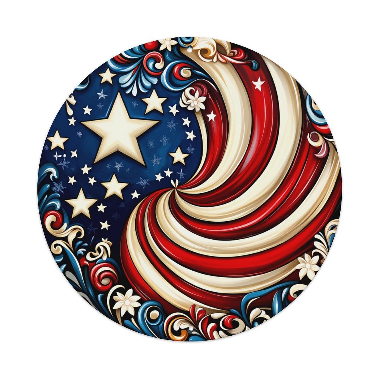 American Flag Swirl Pattern Design Round Tin Sign Vintage Metal Poster, Home Bar Garage Man Cave Cafe Indoor & Outdoor Wall Decoration 8x8Inches