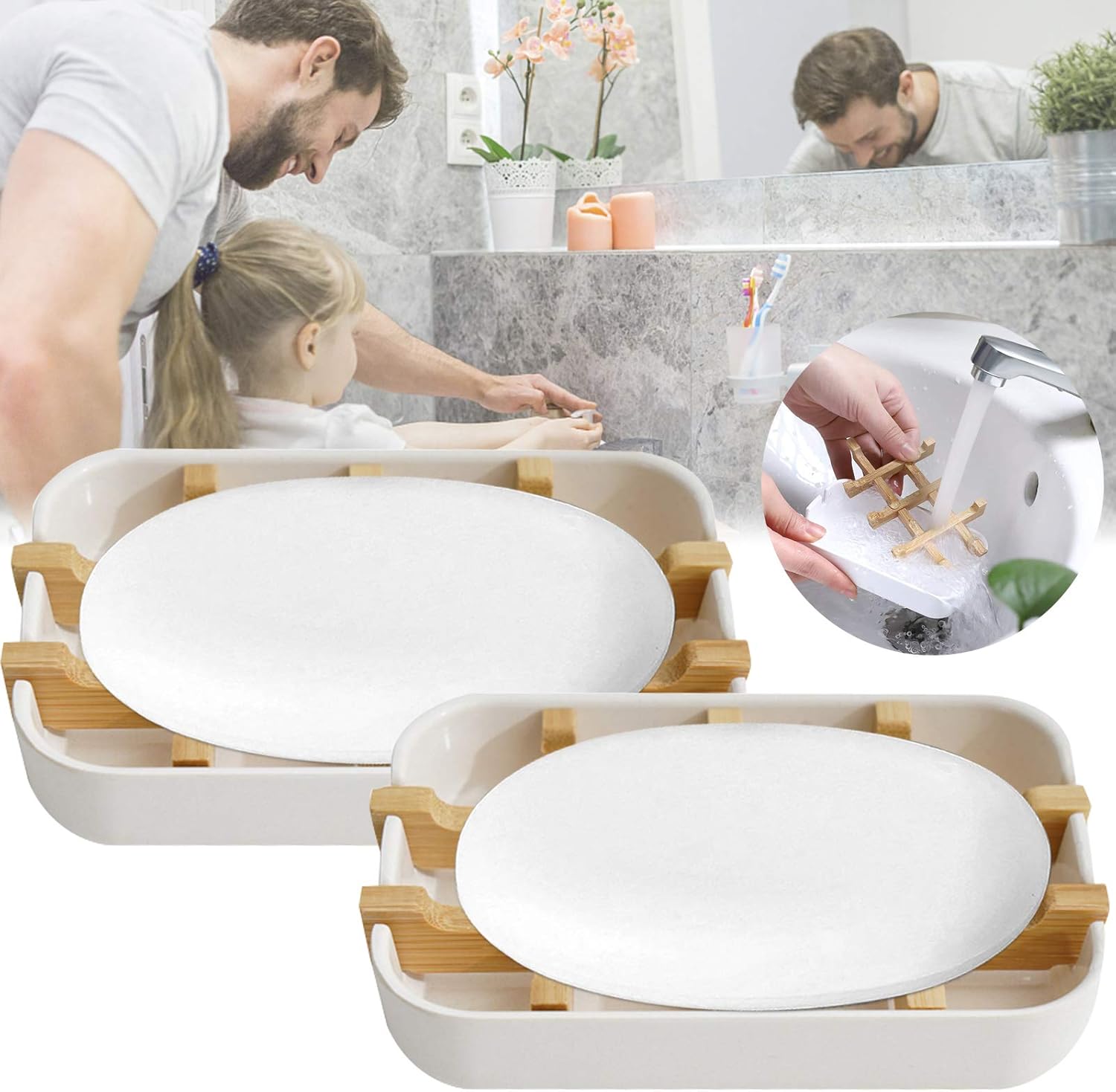 Amazon.com: L/V 2 Pcs Bamboo Soap Dish, White Soap Holder with Drain ...