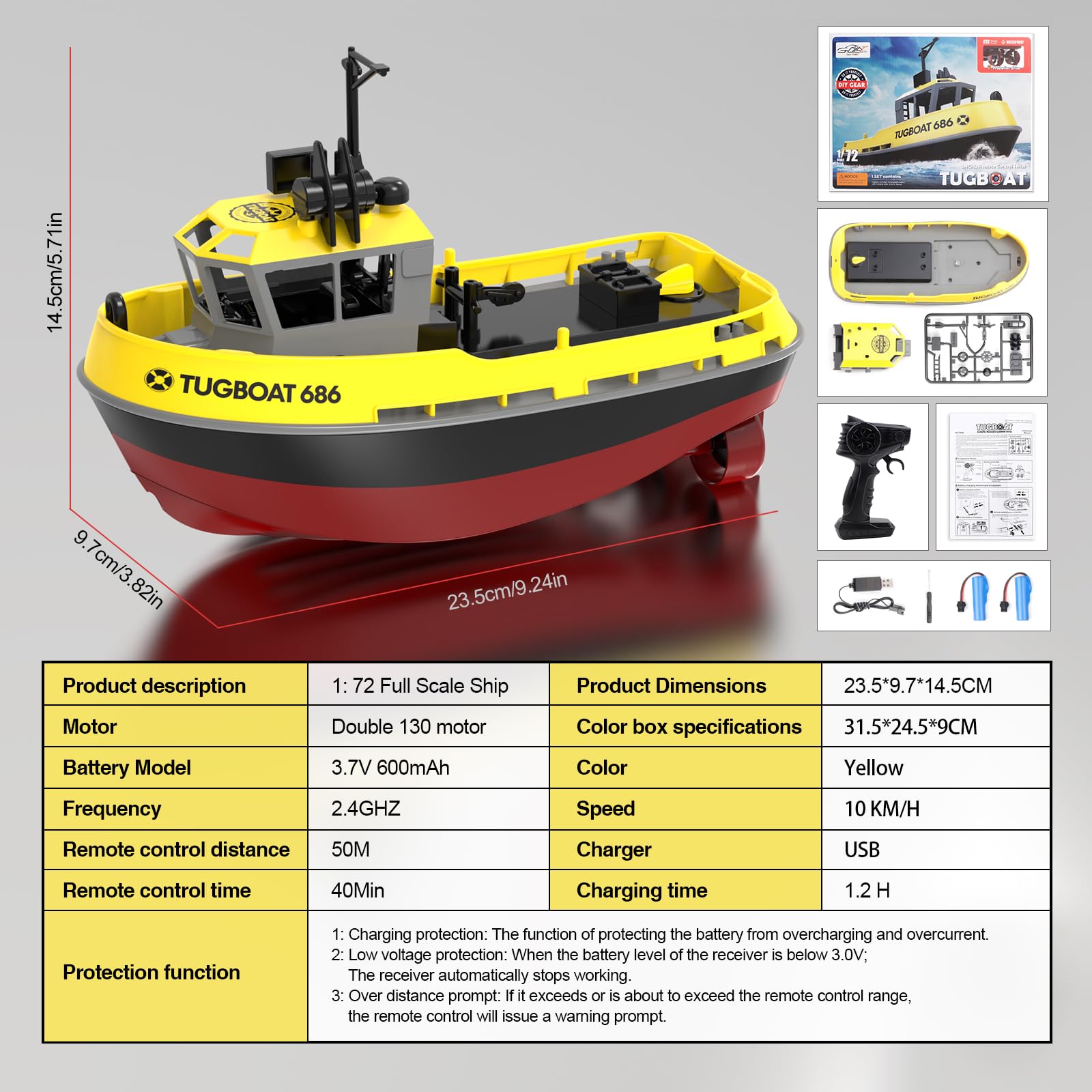 Barco de Control Remoto Barco Teledirigido para Niños Remolcador teledirigido 1:72 Impermeable 2.4GHz Dos Pilas Recargables 40 Minutos de Juego Juguete Regalo Ideal para niños (Naranja)