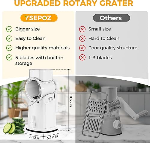 Miniatura 2 de Rallador de queso giratorio 7 en 1 mejorado con asa, triturador de verduras con ranura de almacenamiento incorporada, 5 cuchillas versátiles, base