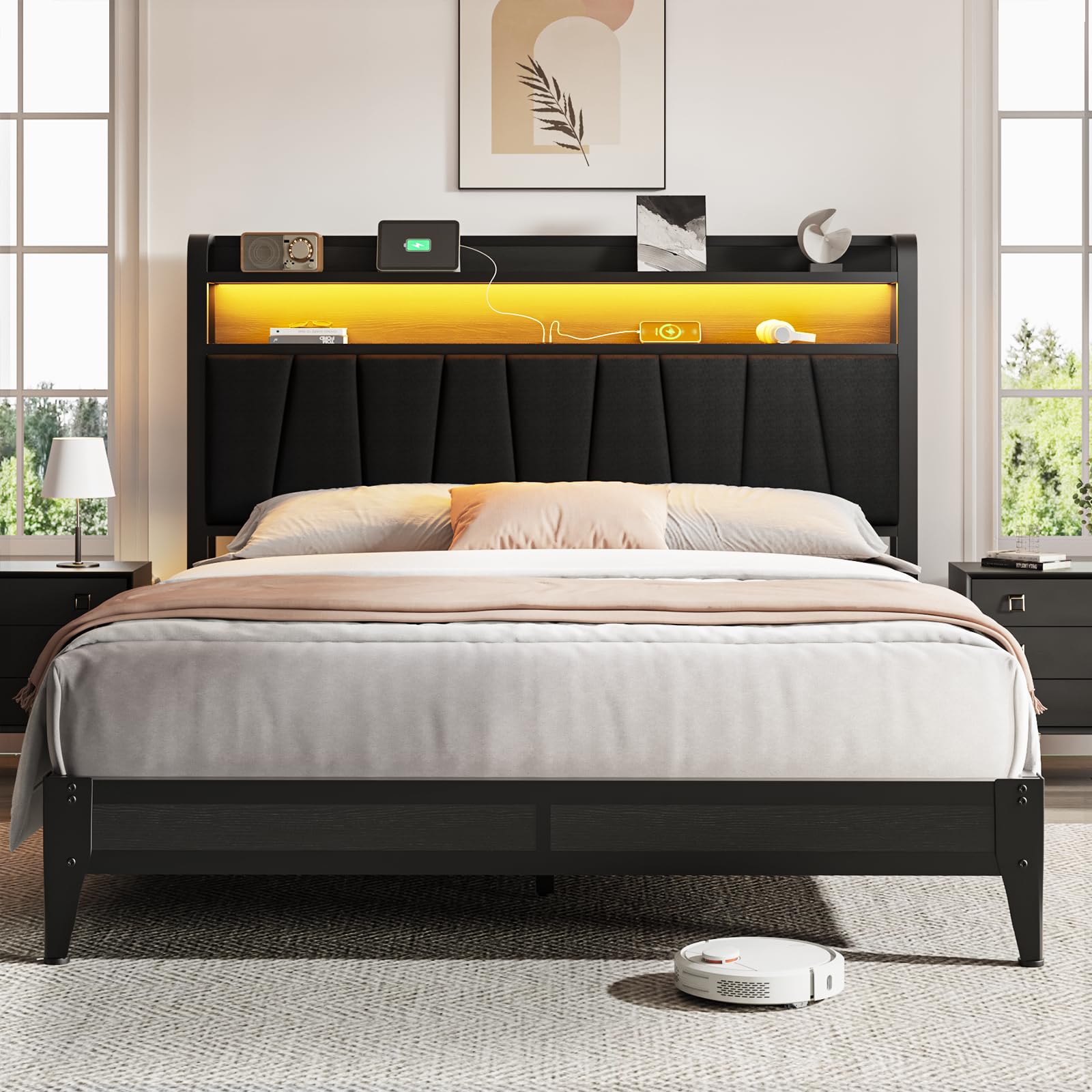 PROZENBDING Lit 160x200 avec sommier, Cadre de lit avec LED et Prise USB, Rangement 2 Niveaux dans la tête de lit, lit Double avec Lattes – sans Matelas, Noir