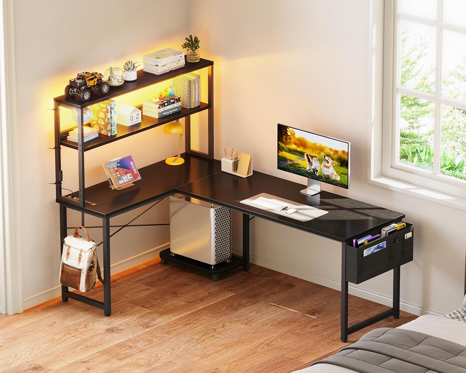 ODK 61 Inch L Shaped Desk with LED Lighting, Reversible Gaming Desk with Power Outlets, Cornor Computer Table with Storage Shelves & Bag & Iron Hook, Home Office Table for Writing, Study, Black
