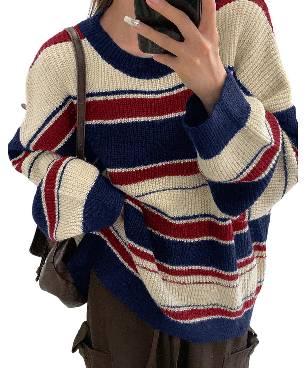 SKAYS Womens Contrast Striped Sweater Fashion Retro Round Neck Loose Knitted Long Sleeve Top