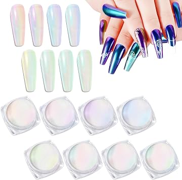 Laza Chameleon Chrome Nail Powder, 8 Colors Glazed Donut Nails Metallic Mirror Effect Pigment, Iridescent Aurora Nail Glitter Holographic Dust Kit for Gel Nail Art Decoration, Gifts - Colorful Peacock