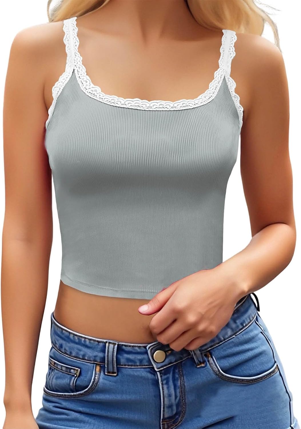 Ribbed Tank Tops for Women Built in Bra Crop Camisole Wide Strap Lace Trim Tank Top Tummy Control Sleeveless Shirts