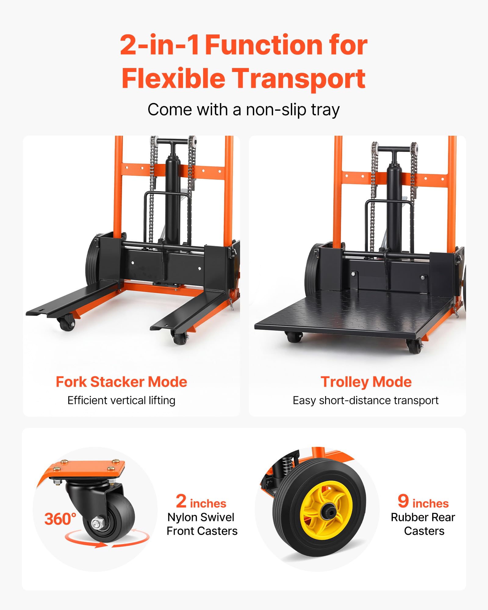VEVOR Apilador Manual Hidráulico de Palets Plegable, Elevador 2 en 1 con Pedal, Acero Carbono, Capacidad 205 kg, Altura Ajustable 70 a 900 mm, Compacto y Portátil, para Almacén, Carga y Transporte