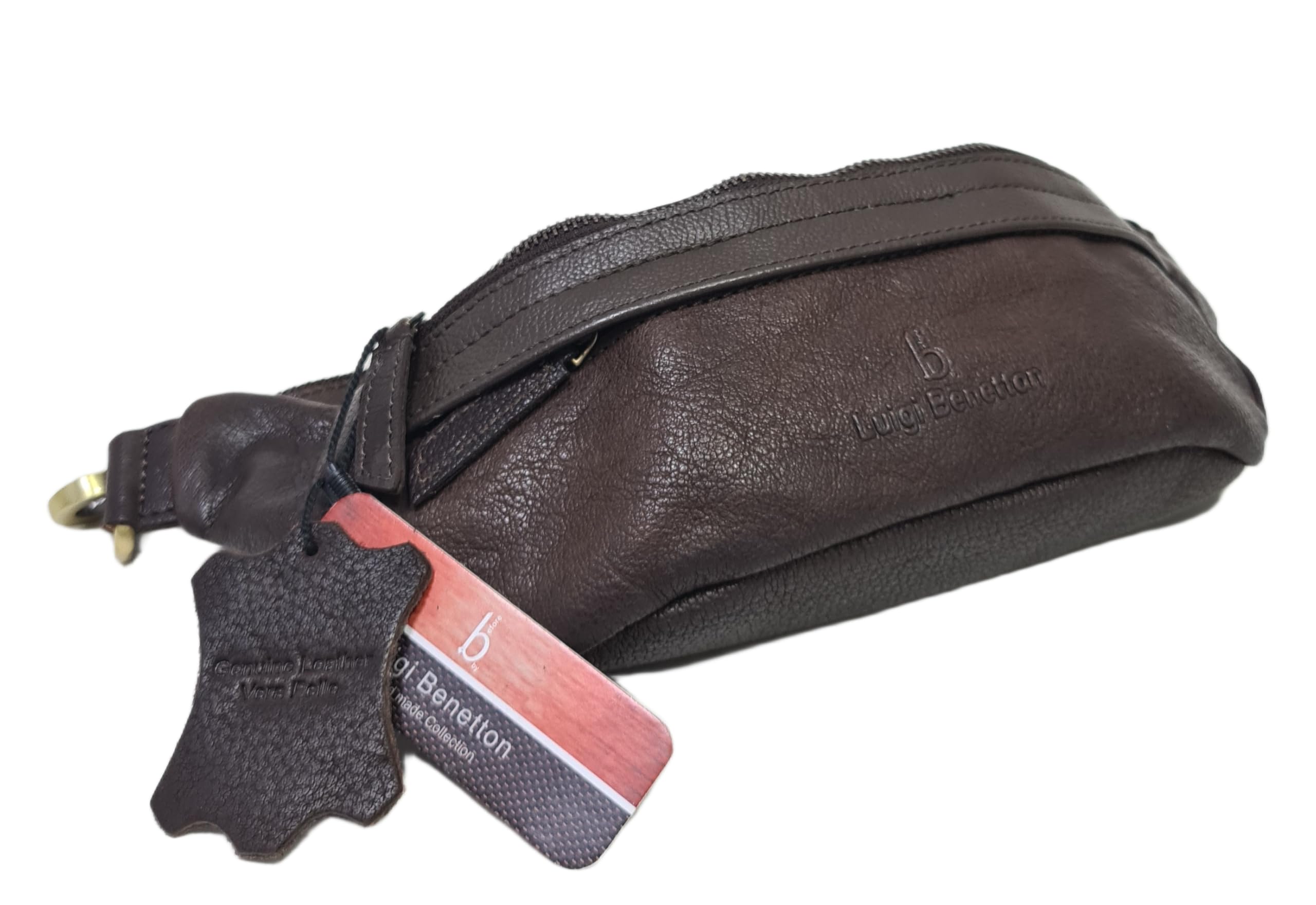 Luigi Benetton Marsupio Uomo 100% Pelle Bovina, con Tasche Frontale e Posteriore con Zip, Cintura Regolabile, Dimensioni 30x10x8,5 cm, Nero,Marrone e Testa di Moro. ART. 111023