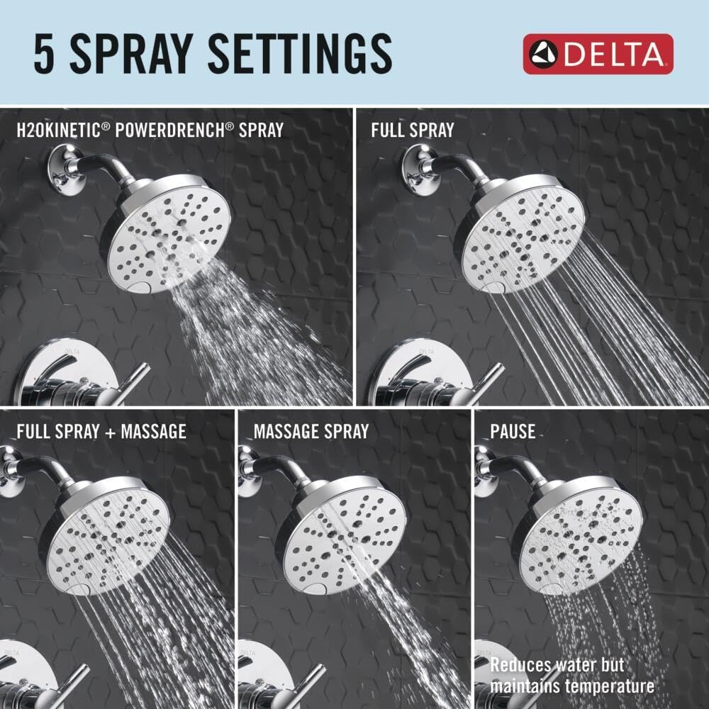 Delta Nicoli 14 Series H2Okinetic Bathtub and Shower Faucet Set, Chrome Shower Head and Handle Set, Valve Trim Kit, Chrome 144749 (Valve Included)