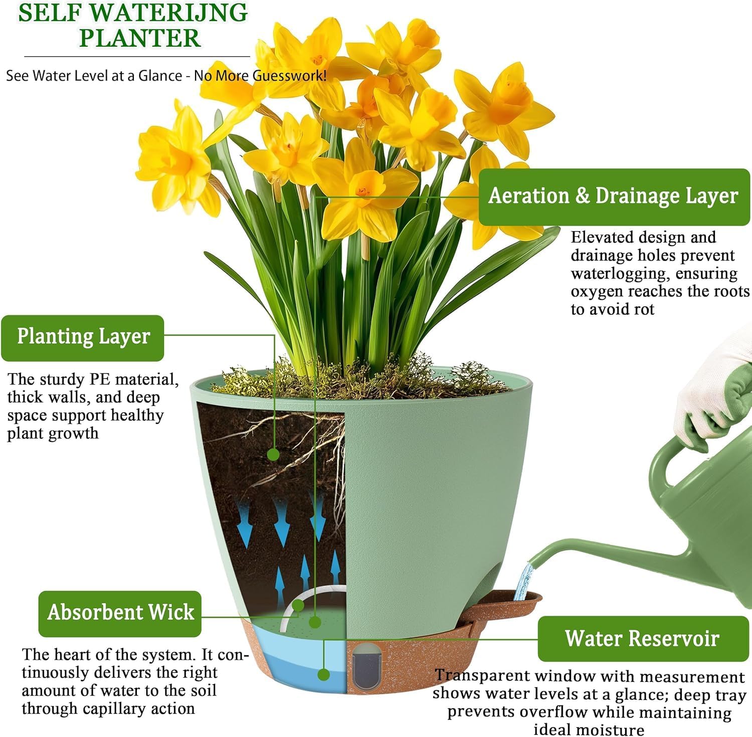 Self Watering Pots for Inoor Ourdoor Plants 10/9/8/7/6.5 Inch Plastic Planters with Drainage Holes & Water Level Indicator, Decorative House Flower Nursery Planting Pots with Saucers (Green)