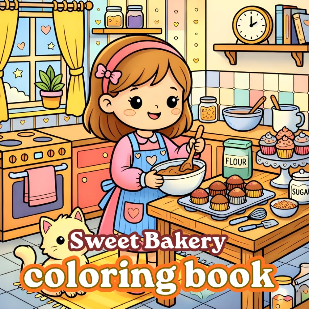 Sweet Bakery Coloring Book: Cute & Cozy Baking Scenes for Kids: Fun Cupcakes, Cookies, and Adorable Kitchen Adventures | 8.5 x 8.5 Inch Square Format