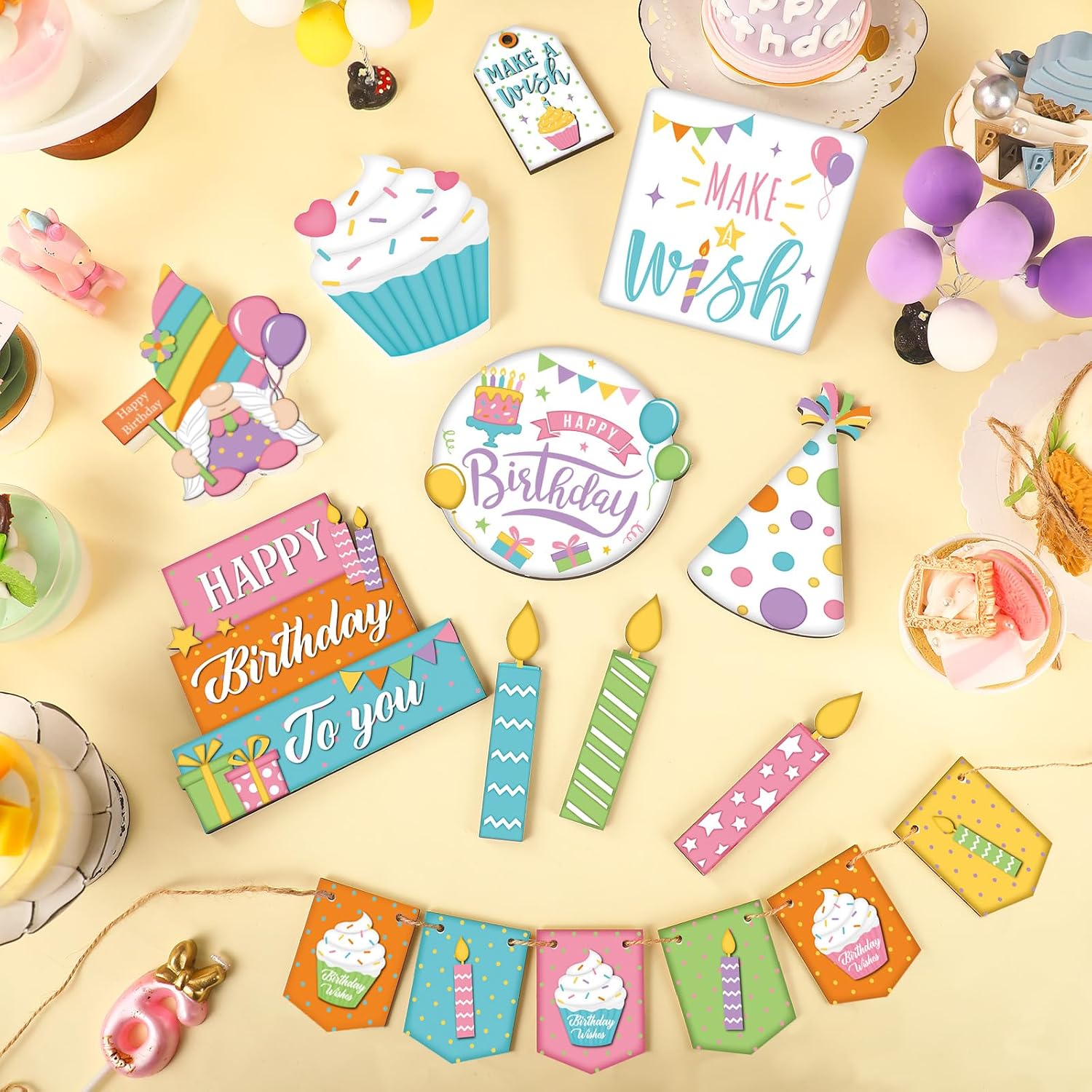 FairySandy 14 Pcs Happy Birthday Tiered Tray Decor Birthday Table Decorations Colorful Gnome Wishes Cupcake Wooden Signs Rustic Farmhouse Tabletop Centerpiece for Home Office Desk Shelf Party Decor