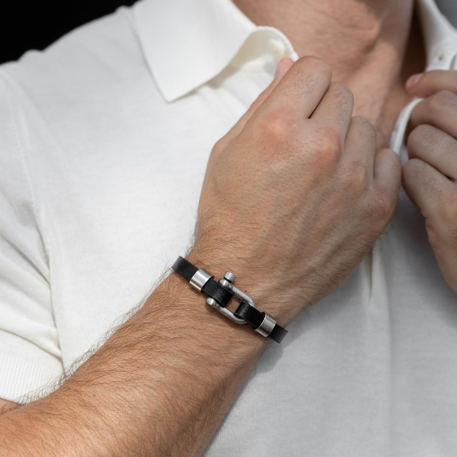 Elegatto Morelle Premium Leather Bracelet for Men | Full-Grain Black Leather with Silver Polished Stainless Steel Shackle Closure | Men’s Designer Jewelry - Image 4