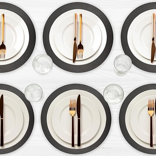 Miniatura 9 de Juego de 6 manteles individuales redondos de 38 cm de cuero sintético para comedor, resistentes al calor y antideslizantes, lavables, para