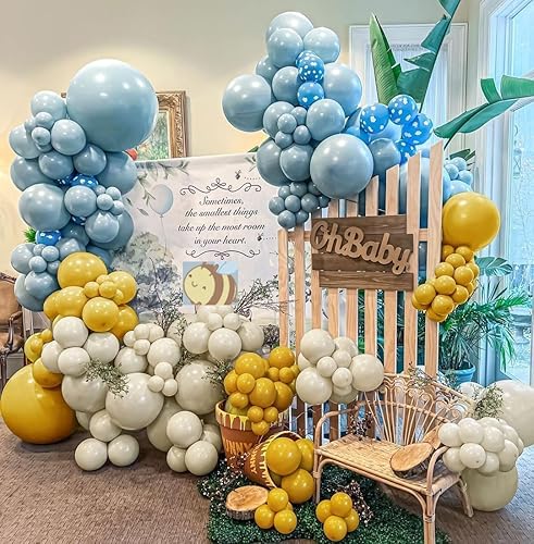 Miniatura 9 de Guirnalda de globos azules y amarillos, globos de doble relleno blanco arena, azul polvoriento, amarillo, crema, kit de arco de globos para baby