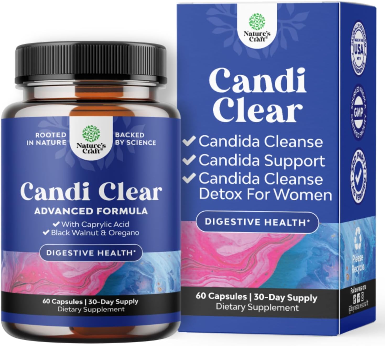 CANDI-CLEAR Body Cleanse Detox for Women - Anti Overgrowth Gut Detox for Women with Caprylic Acid Black Walnut Wormwood and Oregano - Full Body Cleanse with Pre and Probiotics - 60 Count