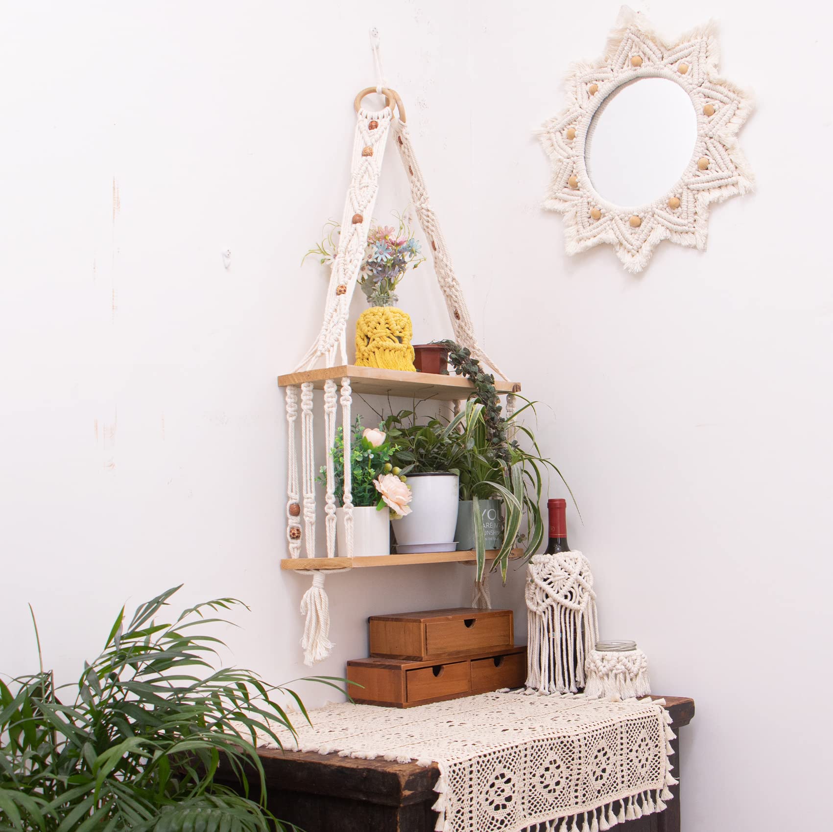Boho Wall Hanging Shelves Macrame Floating Plant Photos Wood Shelf for Bedroom Living Room Apartment Decor