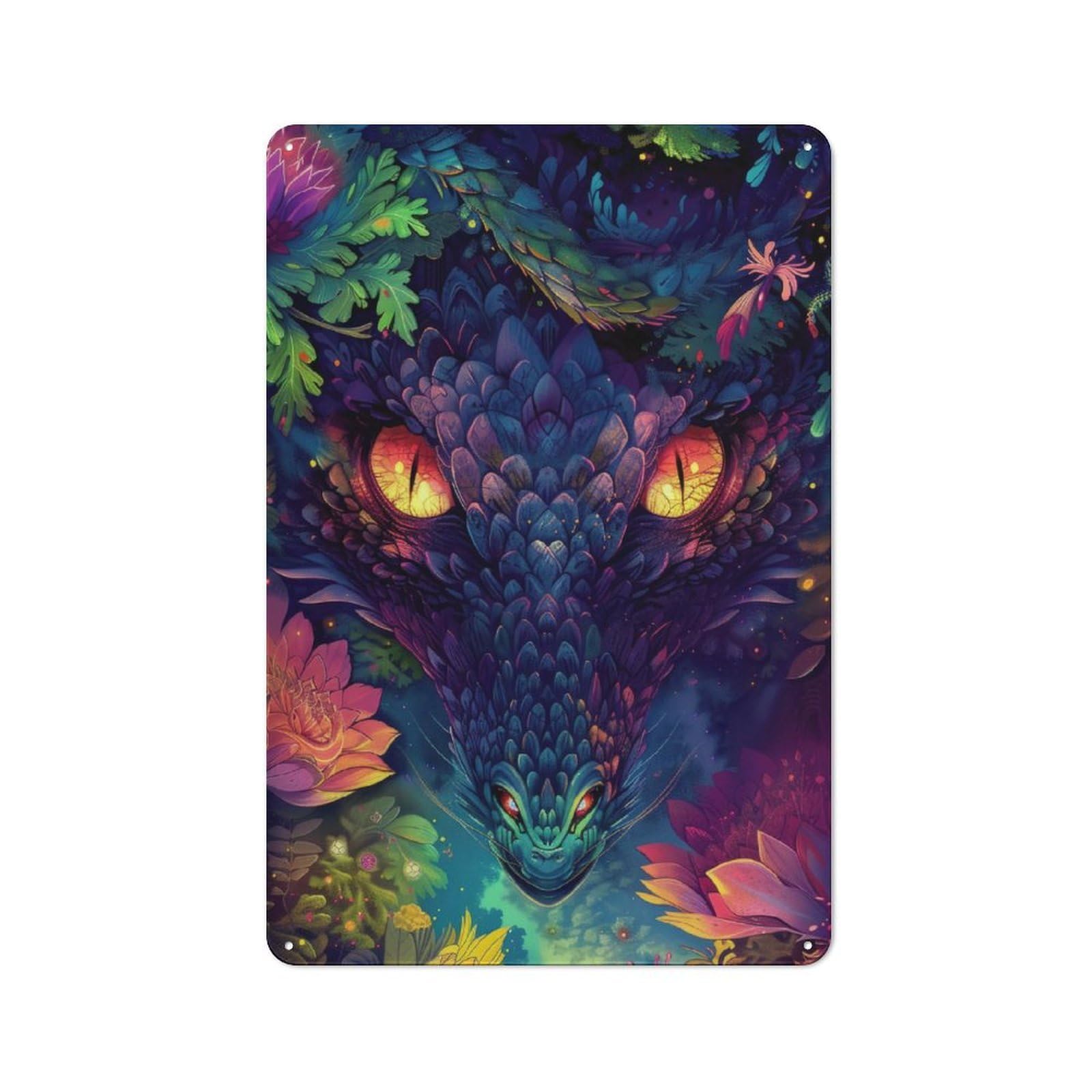 Junmoney Style-4 Loft Style Metal Wall Art Sign 30X20cm Featuring Dragon In Bloom Neon Fantasy Art, Urban Room Decor For Loft, Studio, Office Or Creative Room