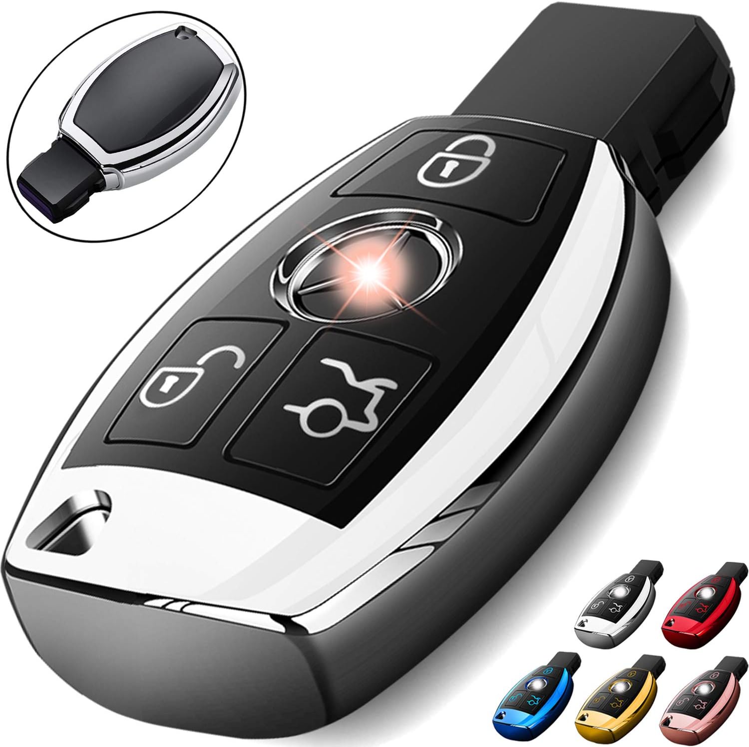 EBLove for Mercedes Benz Key Cover, Key Fob Case for Mercedes Benz C E M S CLS CLK GLK GLC G Class Premium Soft TPU Full Cover Protection Smart Remote Keyless Key Fob Shell Silver