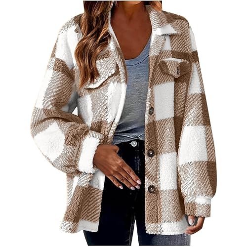 Womens Flannel Shirts Warm Plush Shacket Jackets Button Cardigan Trendy Plaid Fleece Fuzzy Winter Coats Outerwear