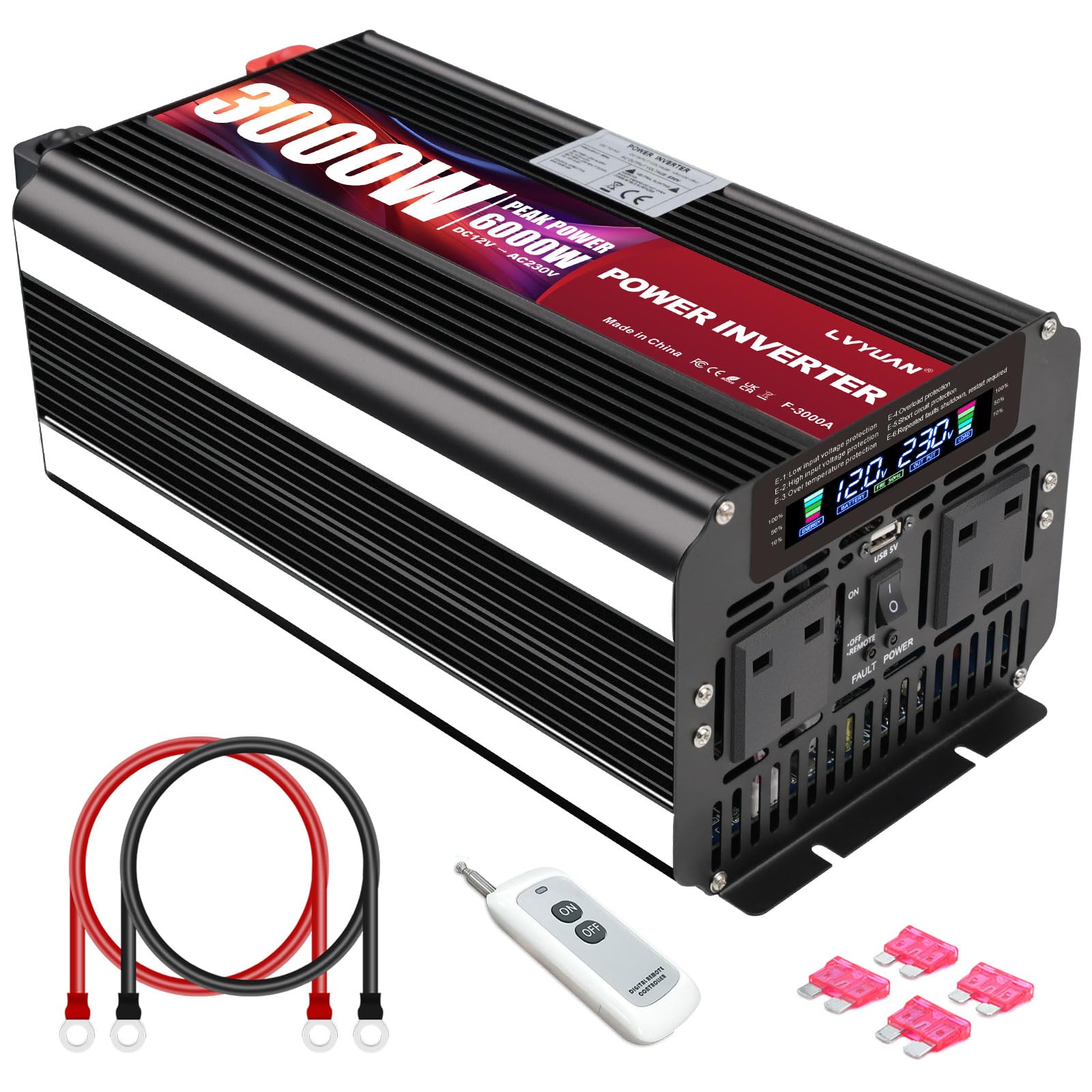 3000W Power Inverter DC 12V to 240V AC Converter 6000W Peak with 2 AC Sockets 1 USB, LCD Display and Wireless Remote Control, for Car Caravan Camping Boat Converter