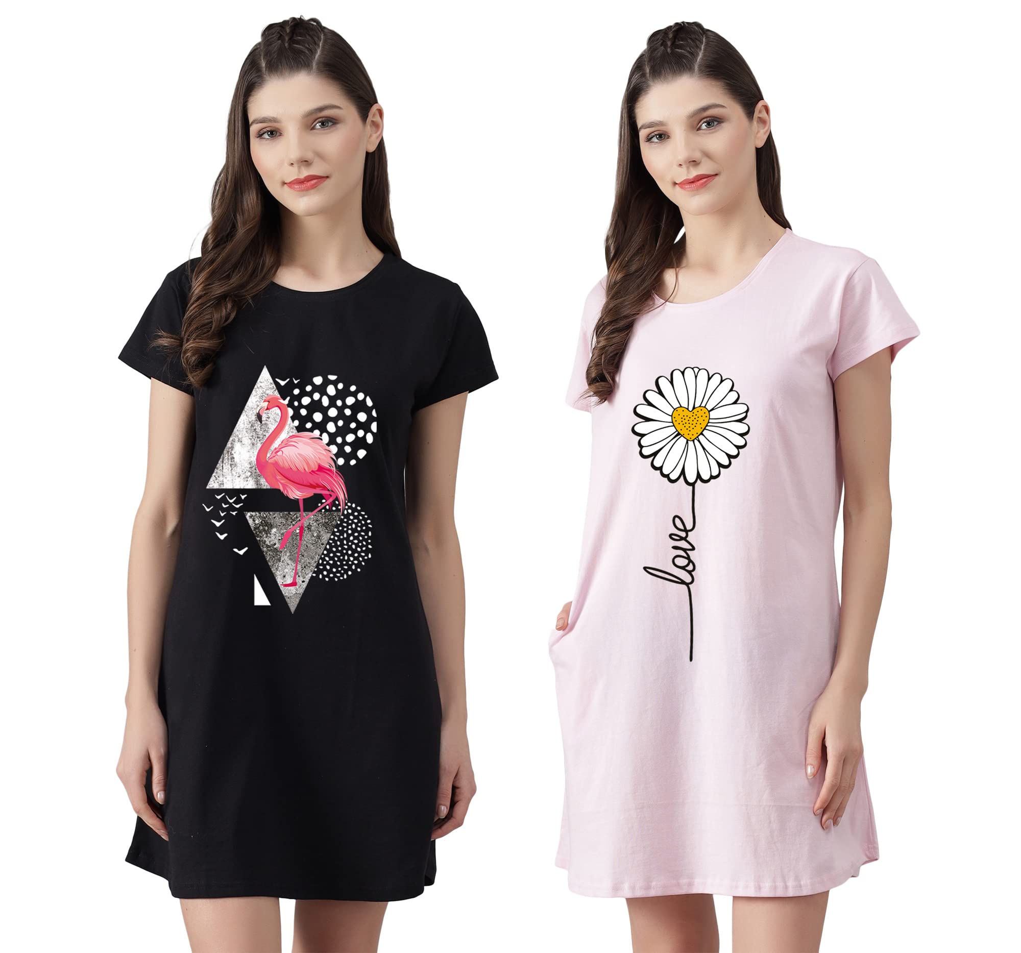 Women’s Cotton Nighty | Printed Knee Length Nighty |Short Sleeve Nighty |Short Nightdress| Long T-Shirt | Sleepwear & Casual Wear Nighty (Pack of 2)