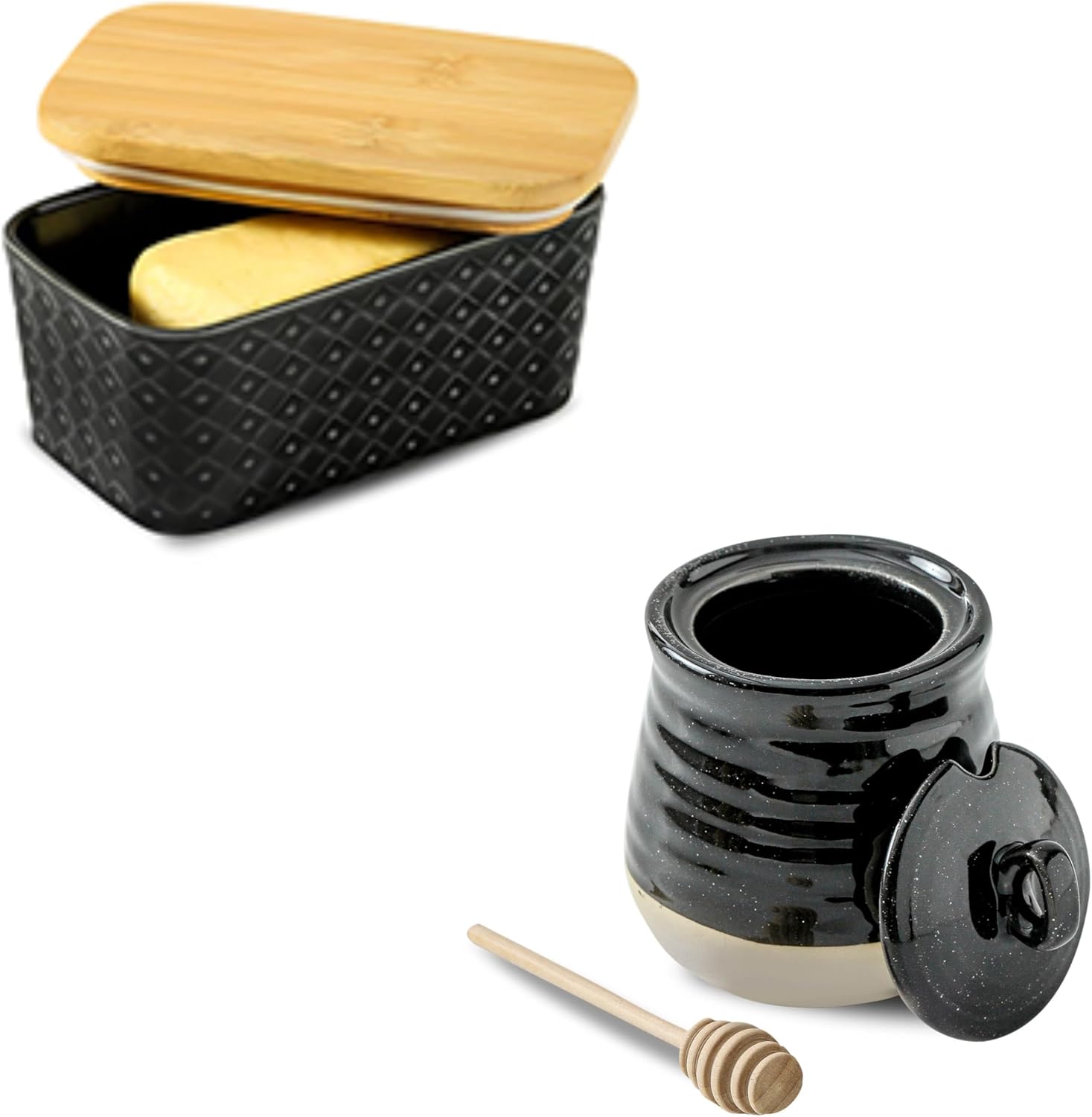 Ceramic Large Butter Container with Airtight Cover for Countertop or refrigerator and 12 Ounce Honey Jar and Dipper Set-Blacke Ceramic Bundle