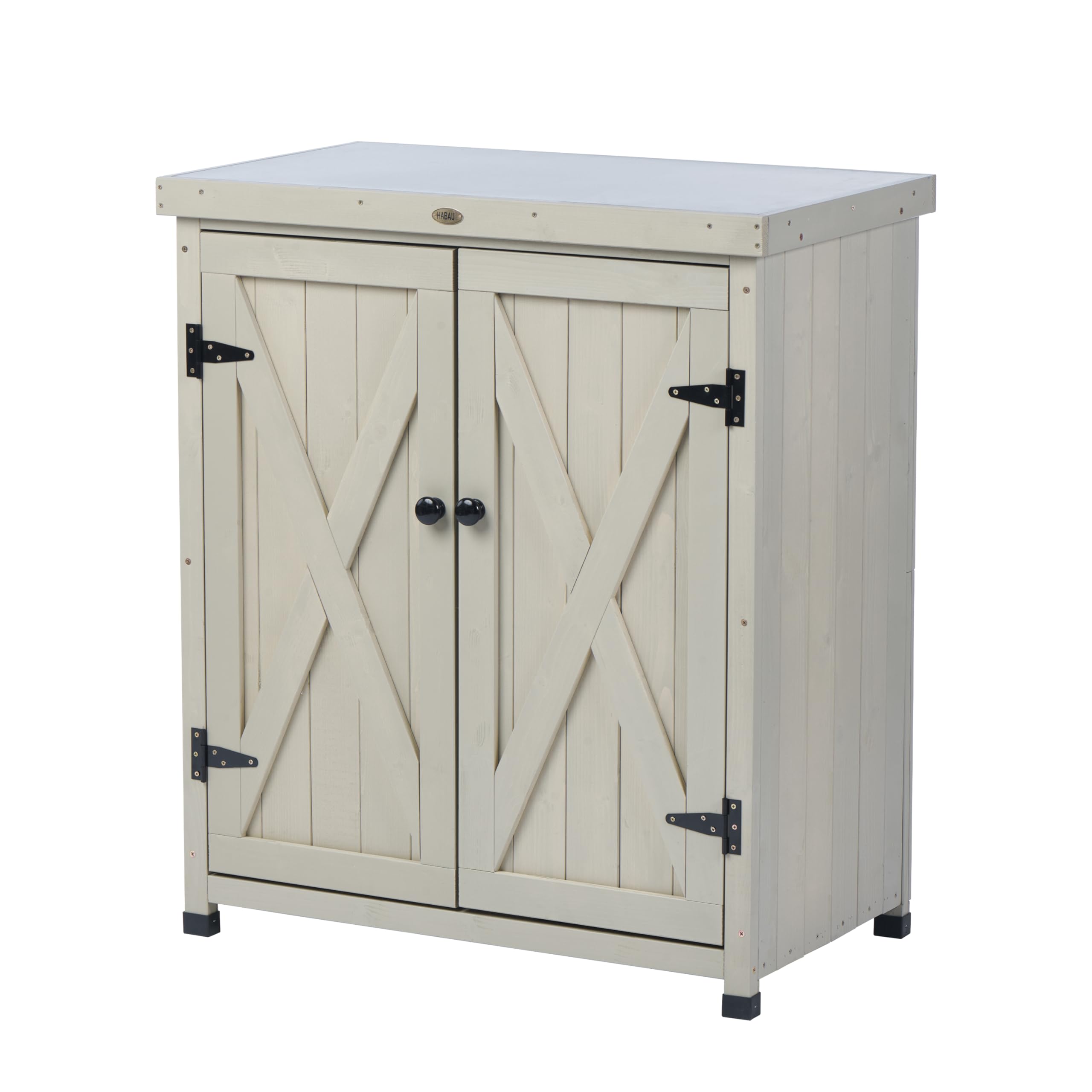 Outdoor Patio Storage Cabinet with Shelves & Metal-Tabletop, Garden Potting Bench Table, Wooden Planting Work Station