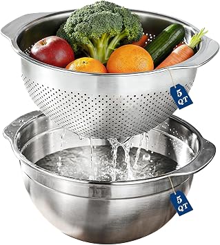 Colanders & Food Strainers,Stainless Steel Colander for Kitchen, 2 Pcs Colanders and Strainers27cm with Mixing Bowl27cm, Colander with Handle for Washing Pasta, Veg & Rice,Dishwasher Safe 5QT