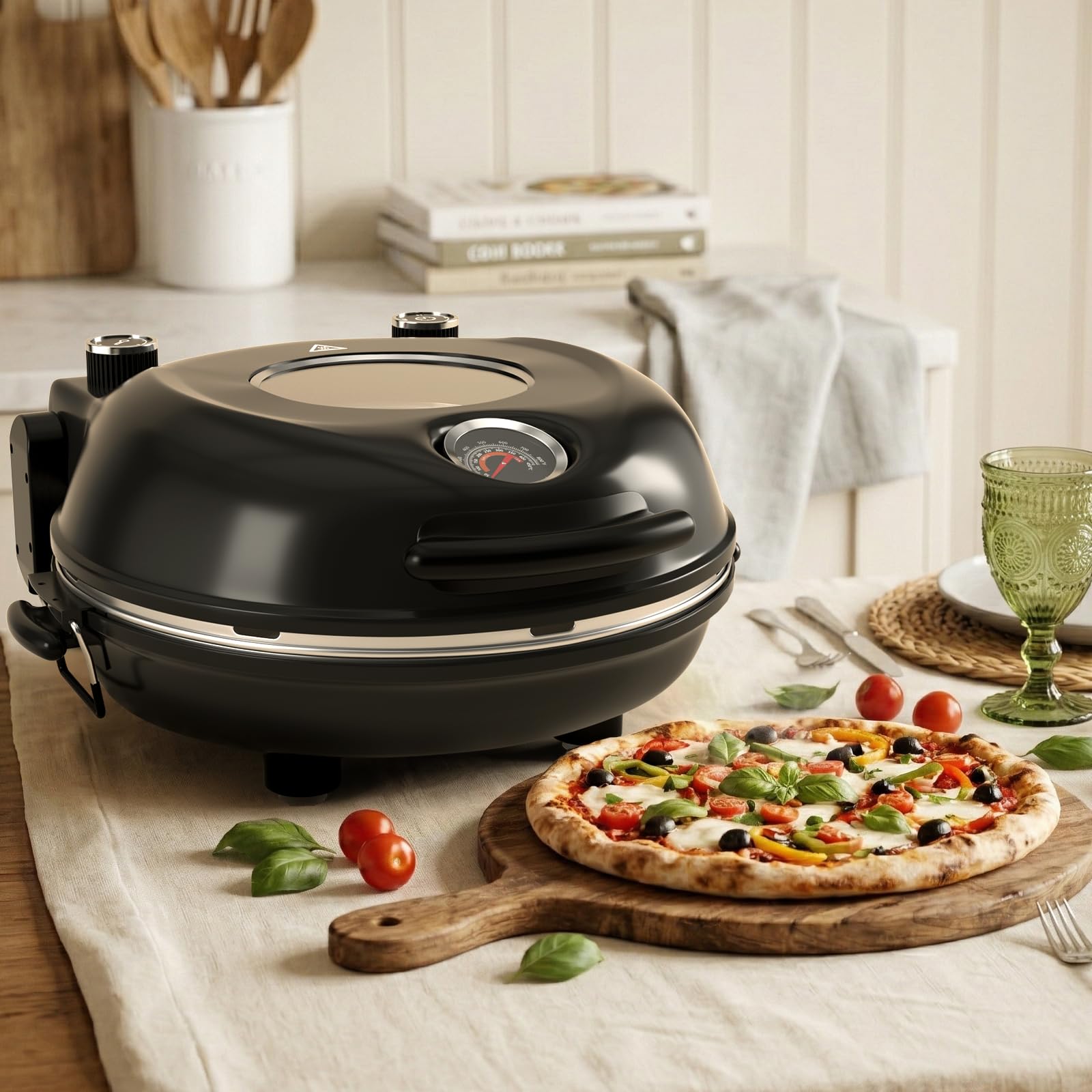 Elektrischer Pizzaofen 427°C / 800°F, 30cm Naturkeramik Pizzastein, Doppelte Temperaturregler mit Thermometer, Schnellaufheizung mit Sichtfenster,Pizzabackofen für zu Hause, knusprige Pizza 6 Minuten