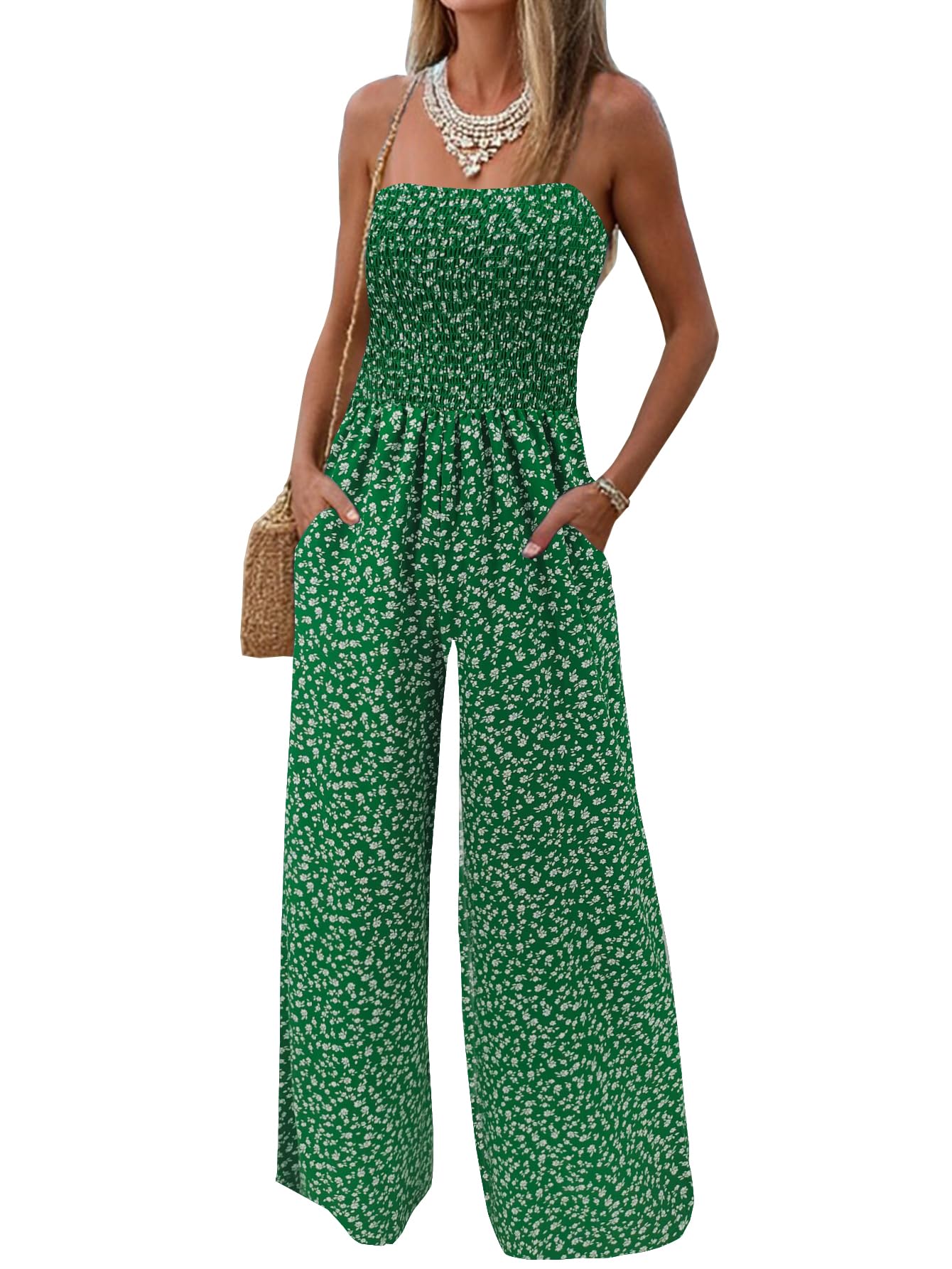 AUXDIO Womens Casual Strapless Summer Jumpsuits Loose Off Shoulder Smocked Sleeveless Wide Leg Romper with Pockets