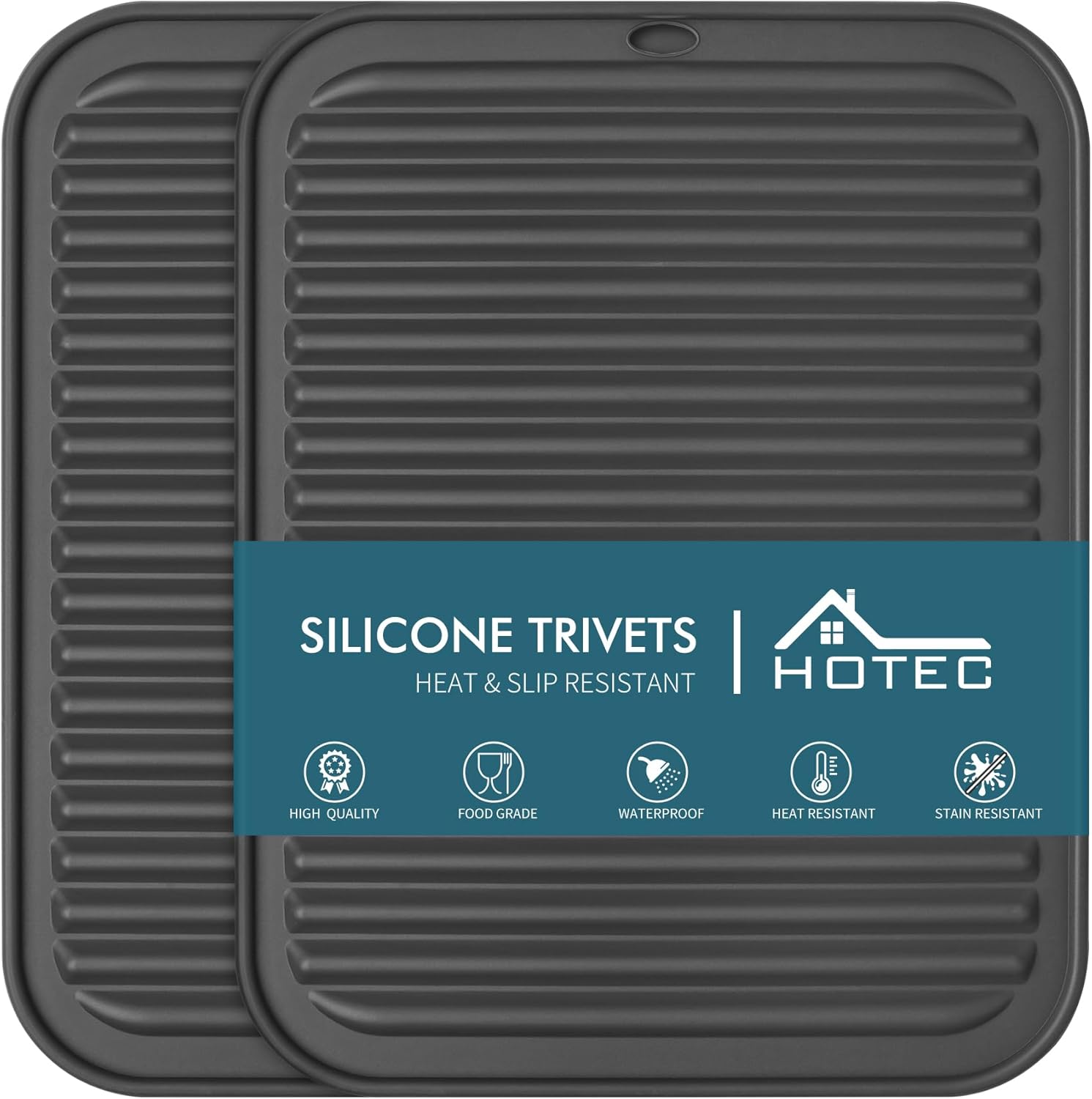 HOTEC Silicone Trivets for Hot pots and Pans, Heat Resistant for Kitchen Counter Dish Drying Mat, Set of 2 Dark Grey