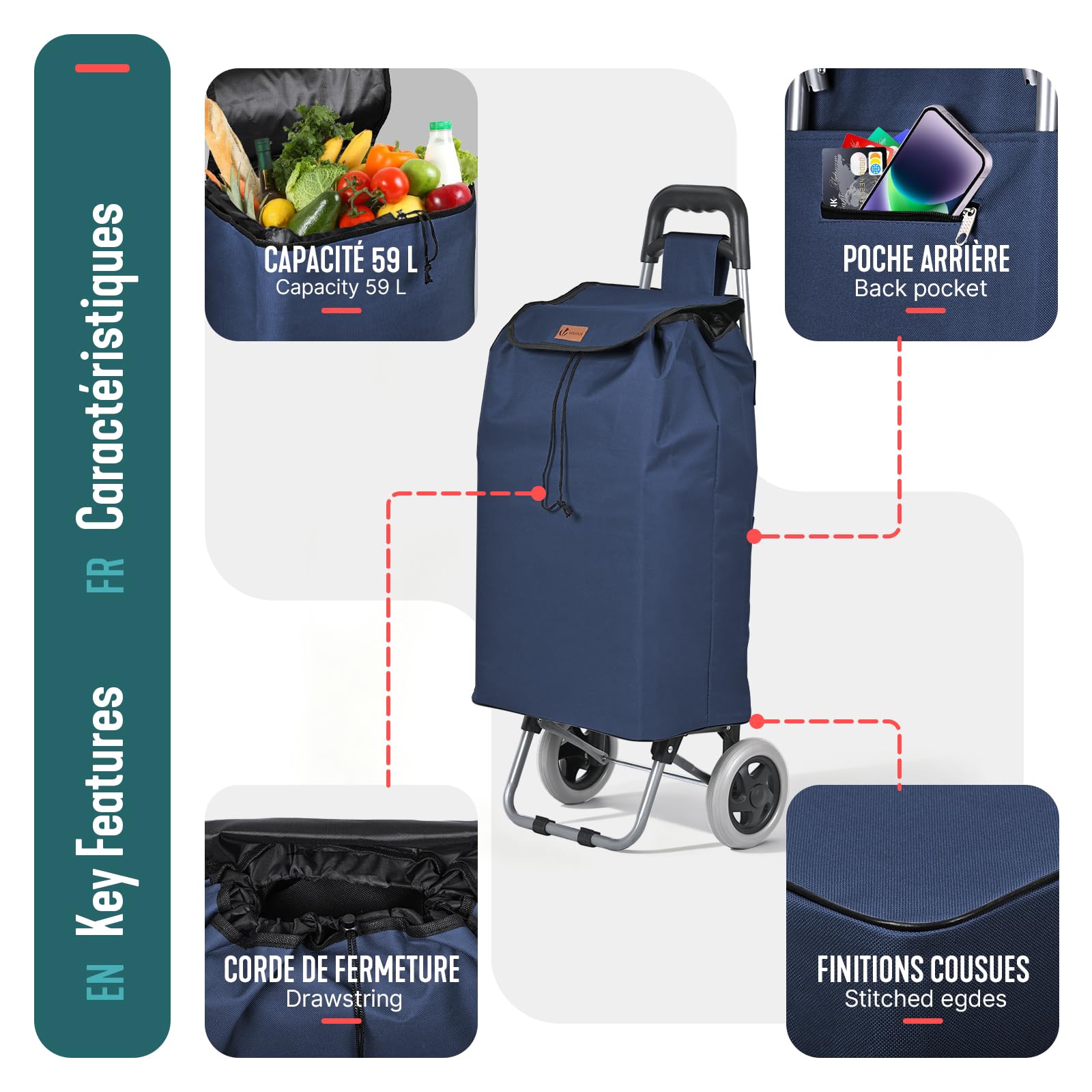 VOUNOT® Carrello Spesa 2 Ruote Pieghevole, 2 in 1 Trolley Spesa con Borsa in Tessuto Oxford dotata di Tasca con Cerniera, per Saliscale, 59L, Blu Navy