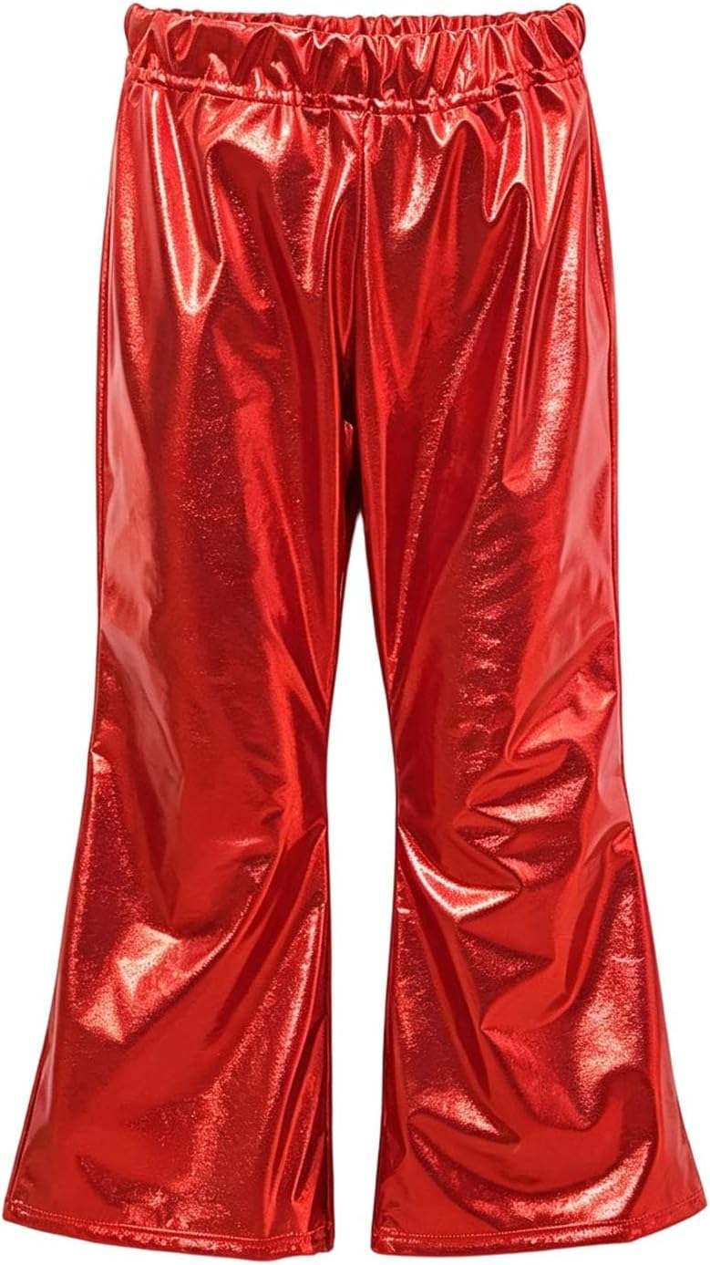 Oplxuo Girls Metallic Flare Pants Elastic Waist Shiny Party Pants for Kids