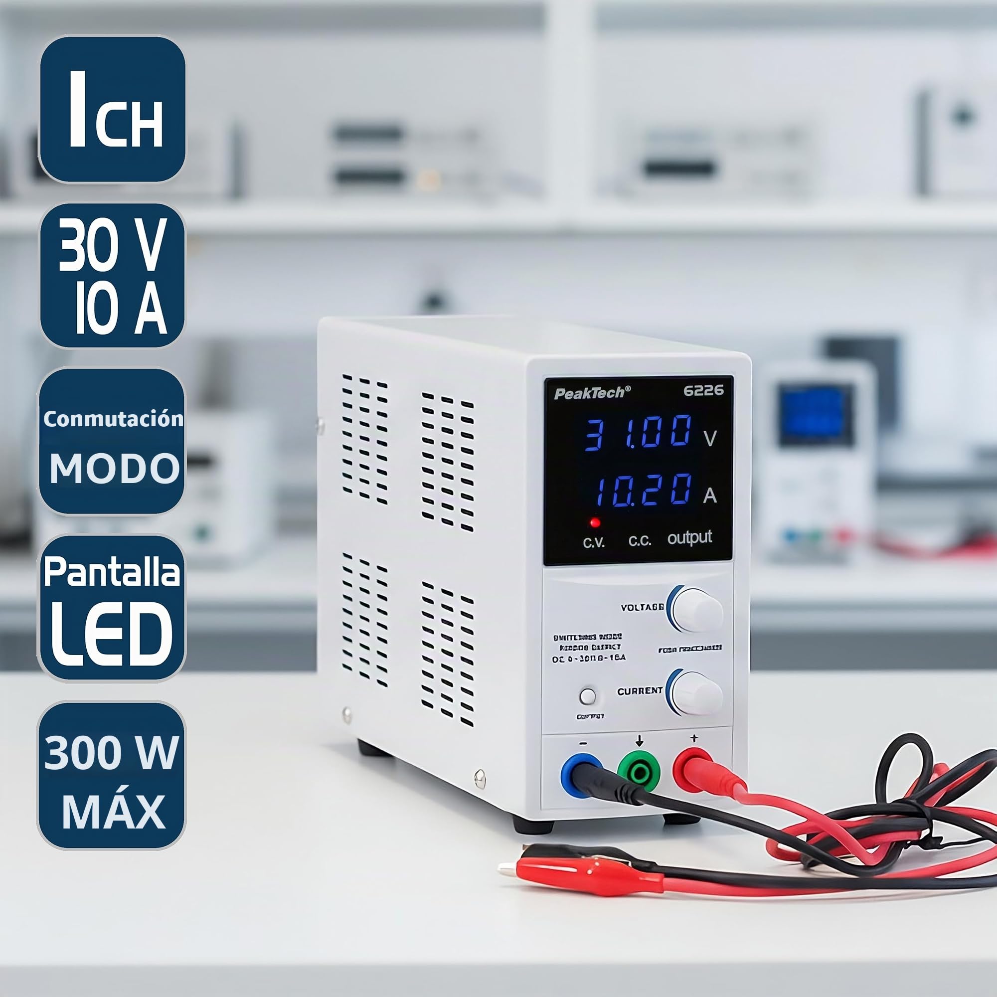 PeakTech 6226 - Fuente de Alimentación0-30V / 0-10A, Ajustable, DC con Pantalla Led Azul de 4 Dígitos, Conmutación Estabilizada, Amperímetro, Sobrecarga y a Prueba de Cortocircuitos, Diseño Delgado