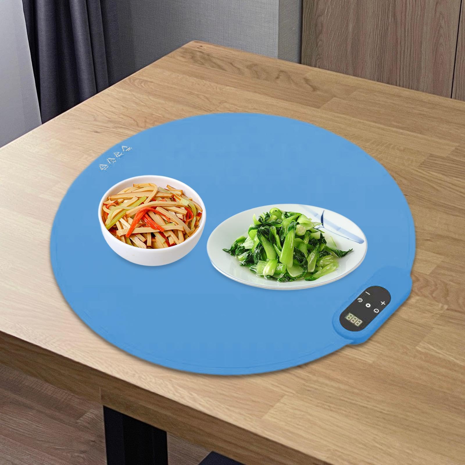 Bandeja Eléctrica Calentadora Redonda Alfombrilla Calefactora de Silicona Plegable con Temporizador Y Ajuste de Temperatura Mantiene Comida Caliente a, Azul, Individual
