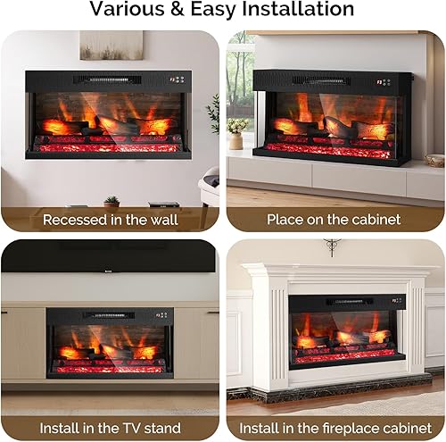 Miniatura 5 de Bonnlo Chimenea eléctrica de vidrio de 3 caras de 28 pulgadas de ancho con aplicación y control remoto, calentador de chimenea falso realista con 6