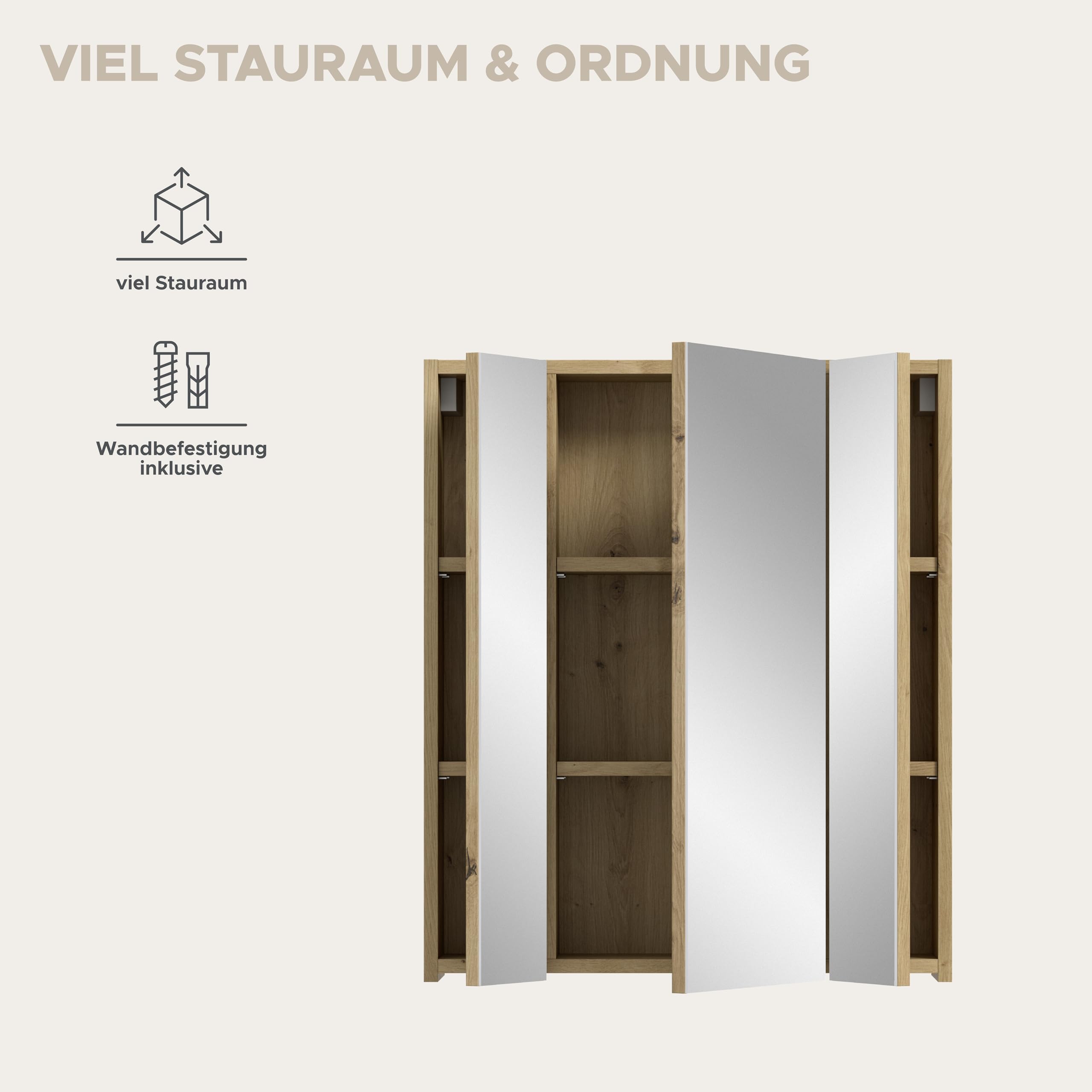 xonox.home – Spiegelschrank Ice 60x70x18 cm in Korpus und Front Artisan Oak Nachbildung – Spiegelschrank mit dunkler Holzoptik – funktional & modern – Bild 8