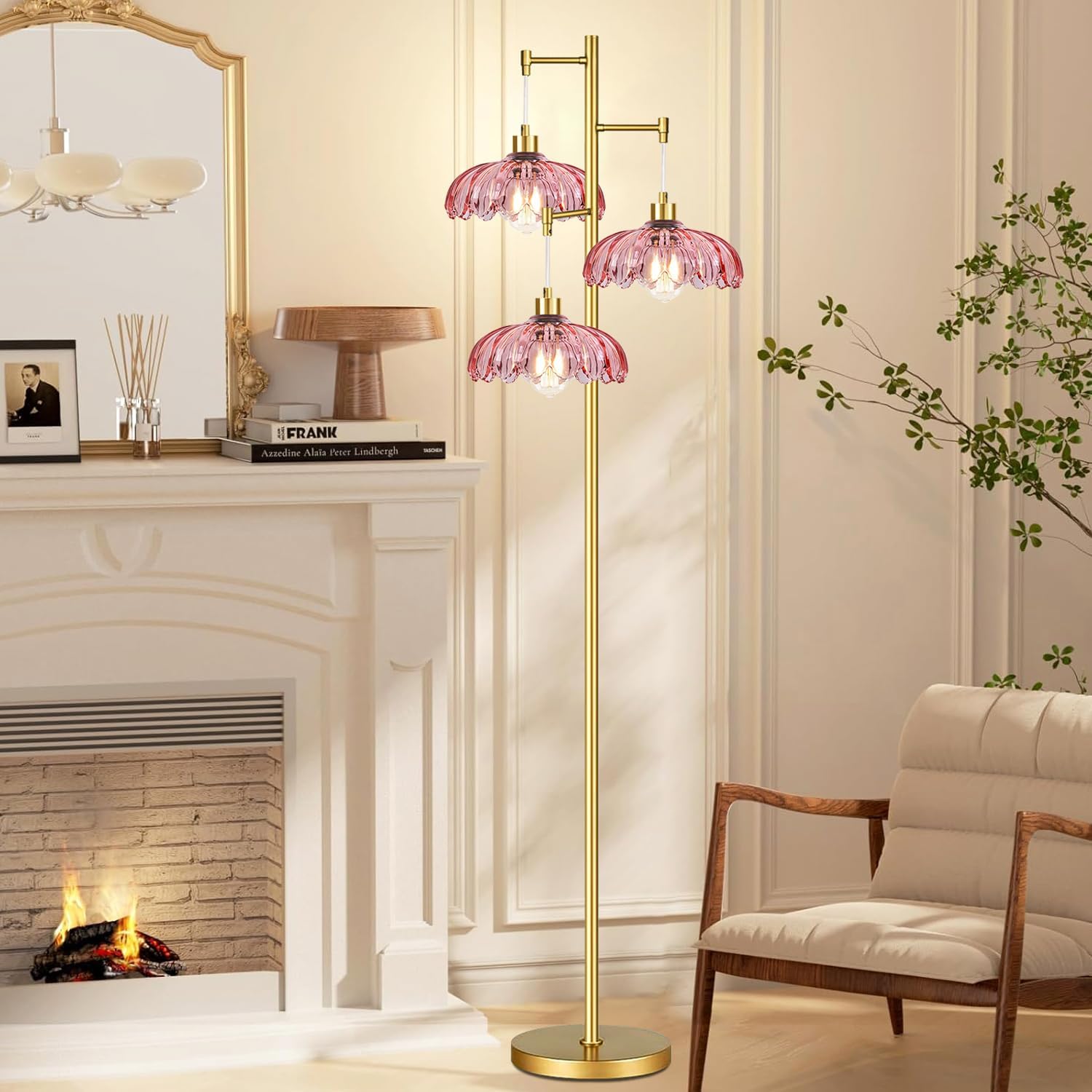 Pink Floor Lamp for Living Room,Bedroom,Gold Mid Century Modern Standing Lamp Brass Tree 3 Light Tall Floor Lamps Glass Floor Lights Flower Lamp Shade Girls Kids Boho Bohemian