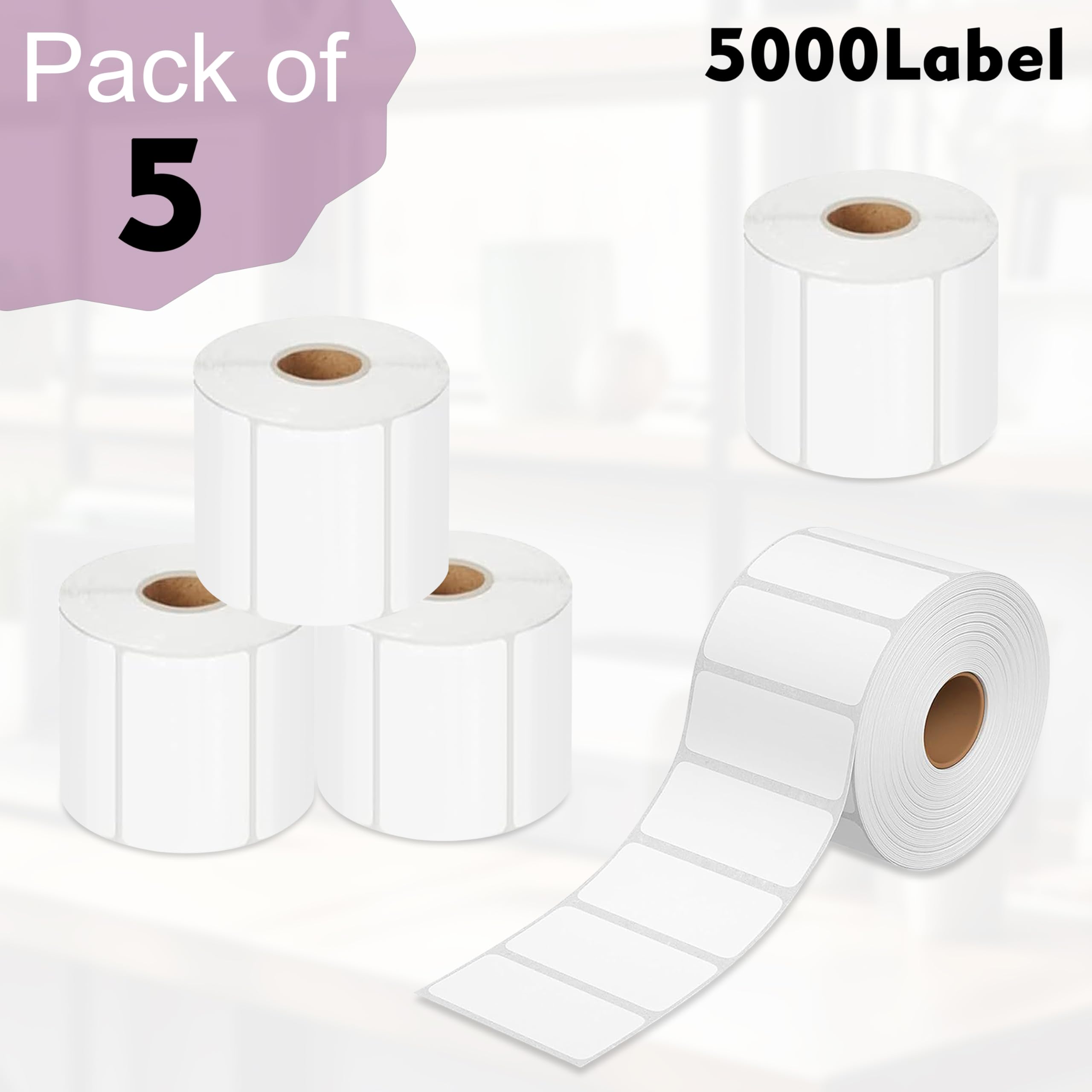 GLUN Direct Thermo-Barcode-Aufkleber, Größe 50 mm x 25 mm, 5000 Etiketten, 5 Rollen, direktes Thermo-Weiß, selbstklebende Aufkleber zum Beschriften und Barcodieren