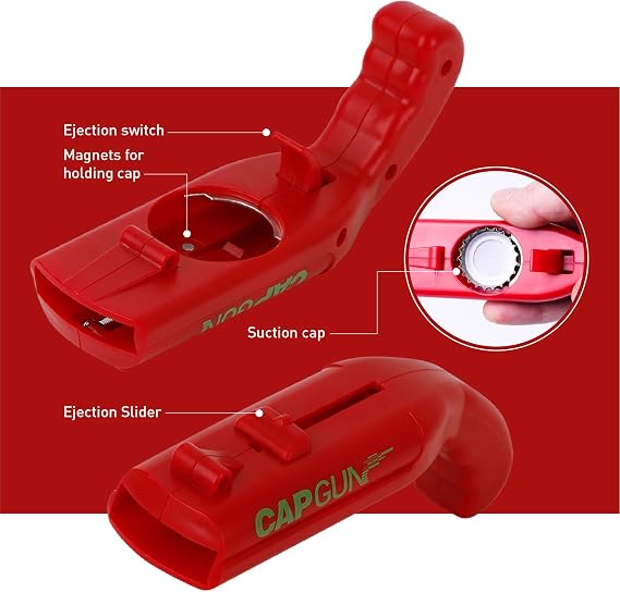 Cap Shooting Bottle Opener Gun - Launches Caps for World Cup Parties, BBQs & Adult Gatherings, Fun Gadget for Men, Unique Gag Gift for Sports Events (2PC Black RED)