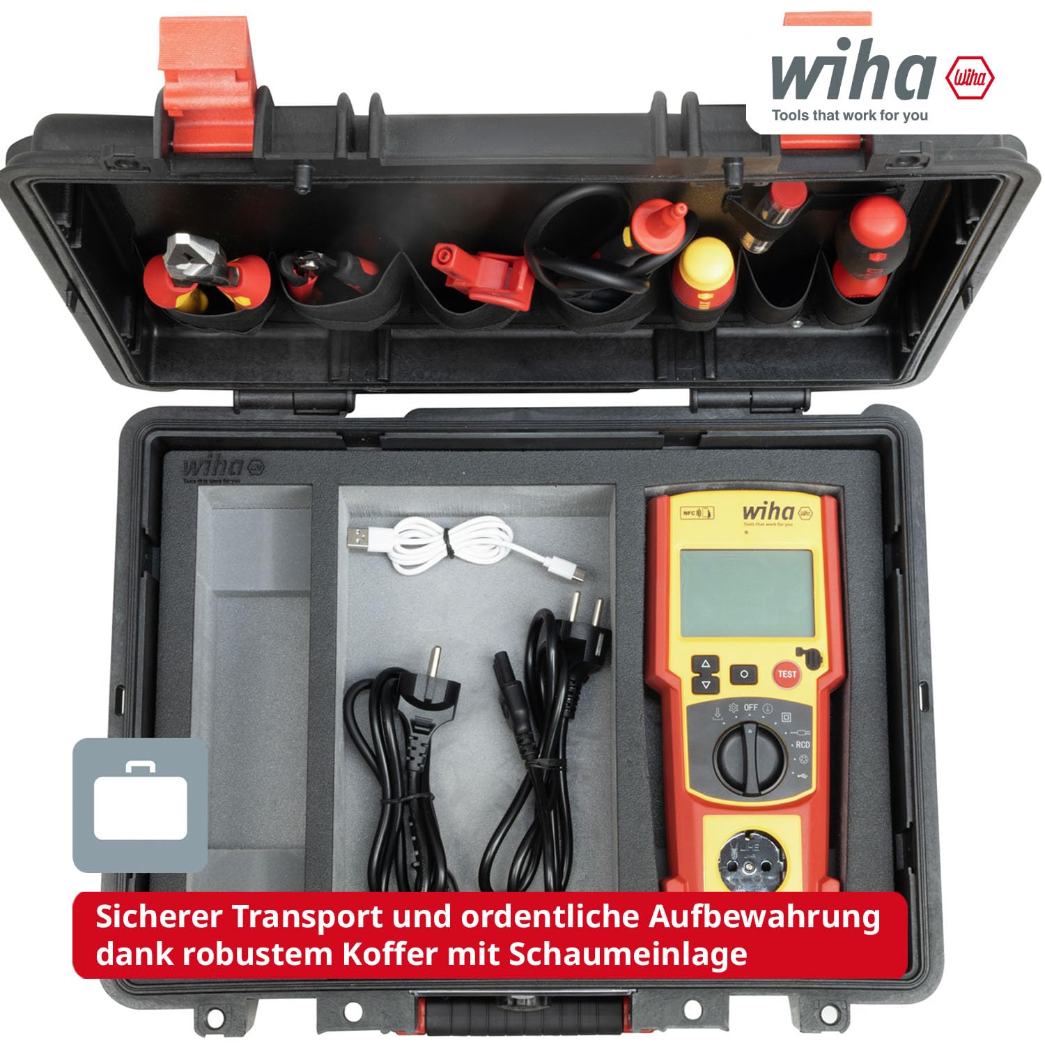 Wiha Gerätetester Set PAT one – Messgerät für Geräteprüfung DIN VDE 0701/0702 mit KI-Bilderkennung NFC-Dokumentation, Auto-Test FI/RCD-Prüfung, Koffer