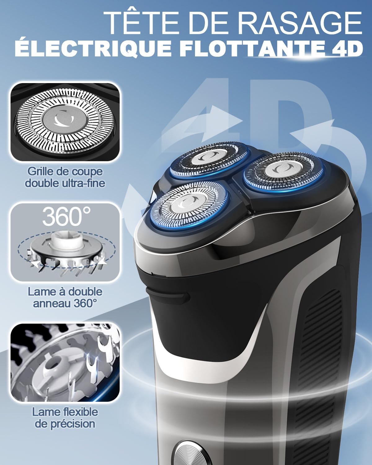 Rasoir Électrique Homme avec Écran LCD, 4D Tête Flottante, IPX7 Étanche pour Rasage Sec et Humide, Rasoir Barbe Homme Rechargeable USB avec Tondeuse Rétractable, Rasoir Sans Fil (Argent Électroplaqué)