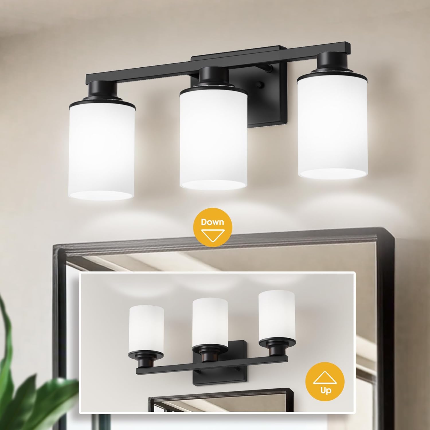 L LOHAS LED Black Bathroom Light Fixtures, 3-Light Vanity Light Over Mirror, Wall Sconces with Milky White Frosted Glass Shades, ETL Listed