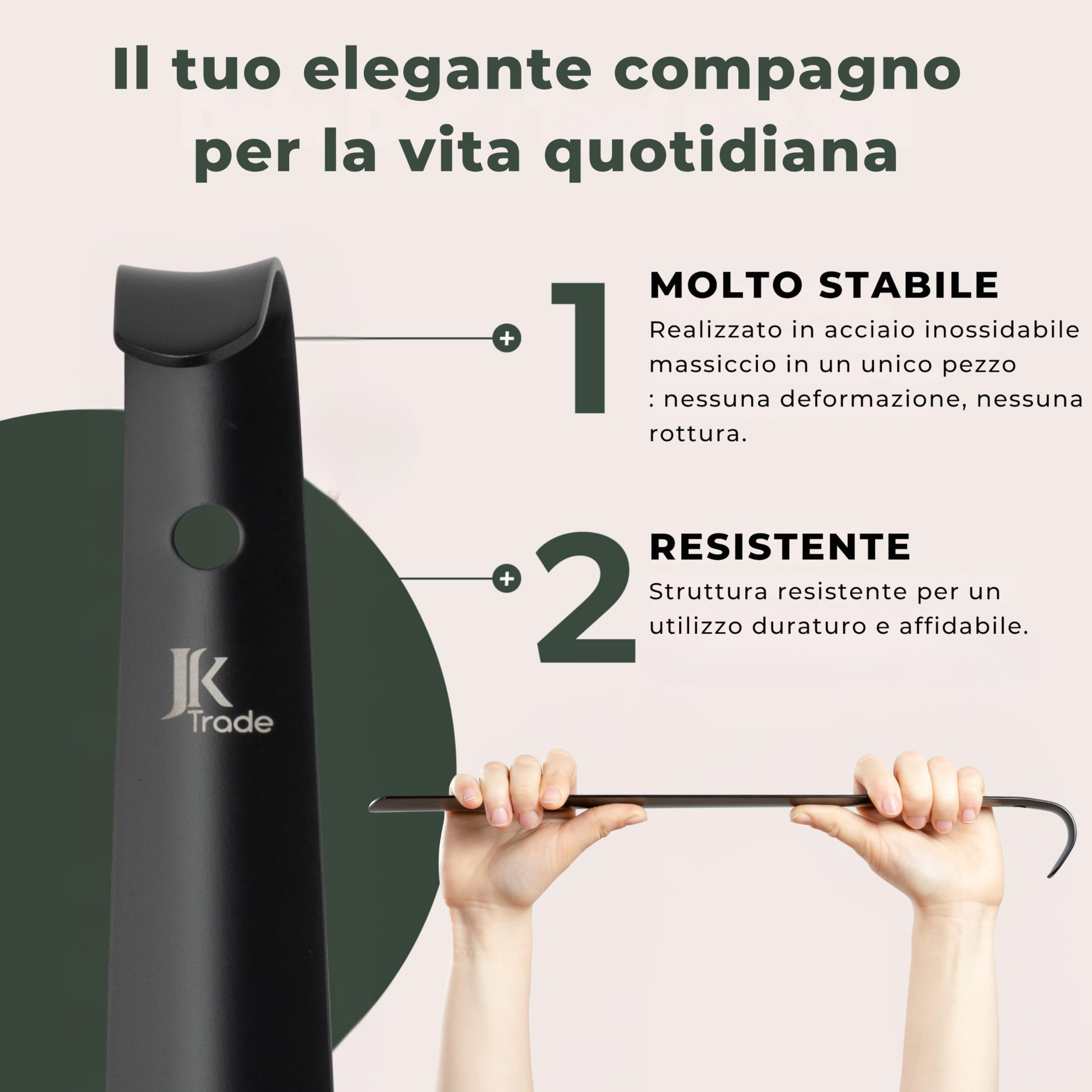 JK Trade® L'originale, calzascarpe in acciaio inox resistente, 72 cm, lungo da appoggiare, in modo rapido e delicato sulla schiena, lunghezza e larghezza ideali, adatto per le scarpe da lavoro