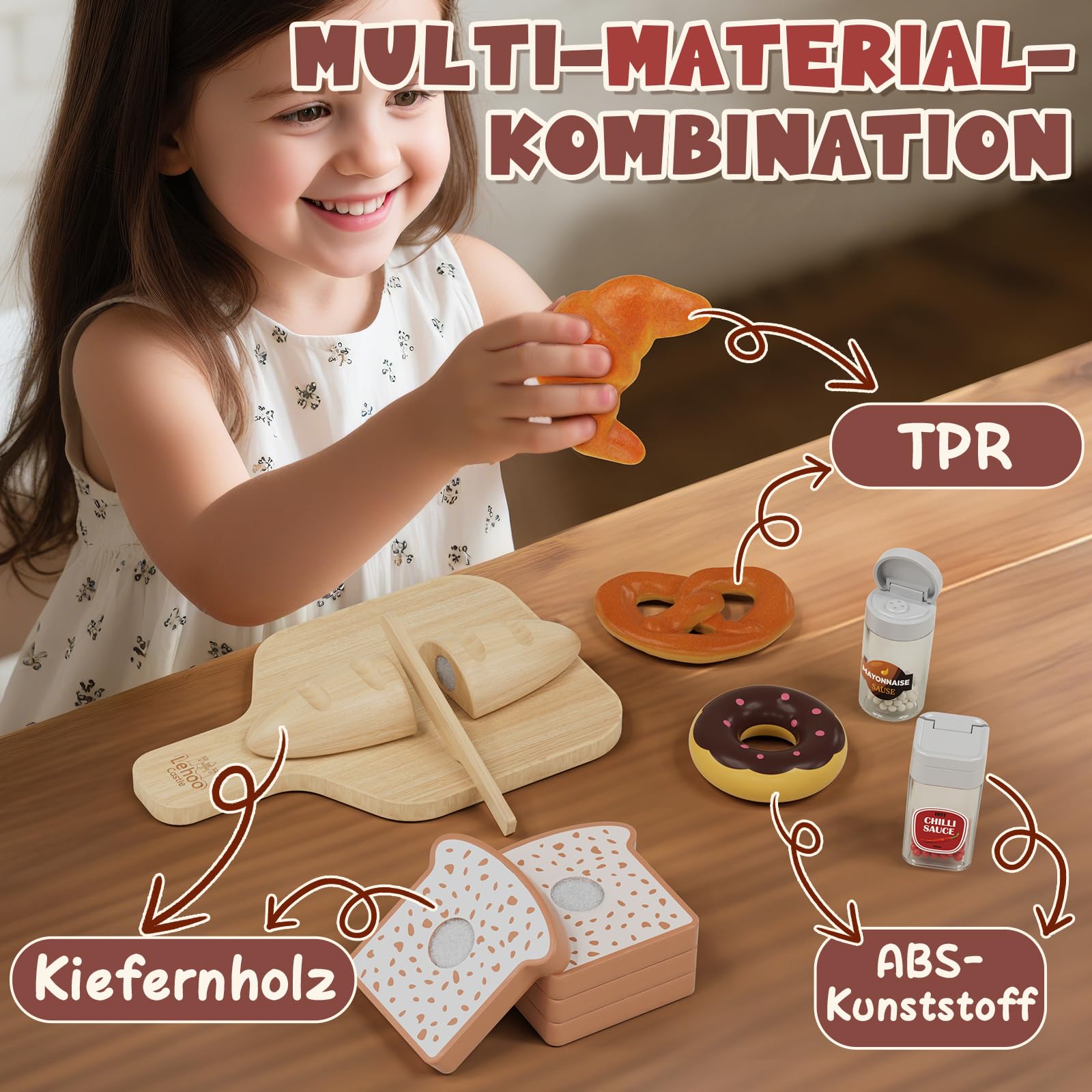 Lehoo Castle Kinderküche Zubehör Holz, Spielküche Zubehör, Pizza Kinderküche, Backset für Kinder, Rollenspiel-Geschenke Spielzeug ab 3 Jahre Mädchen