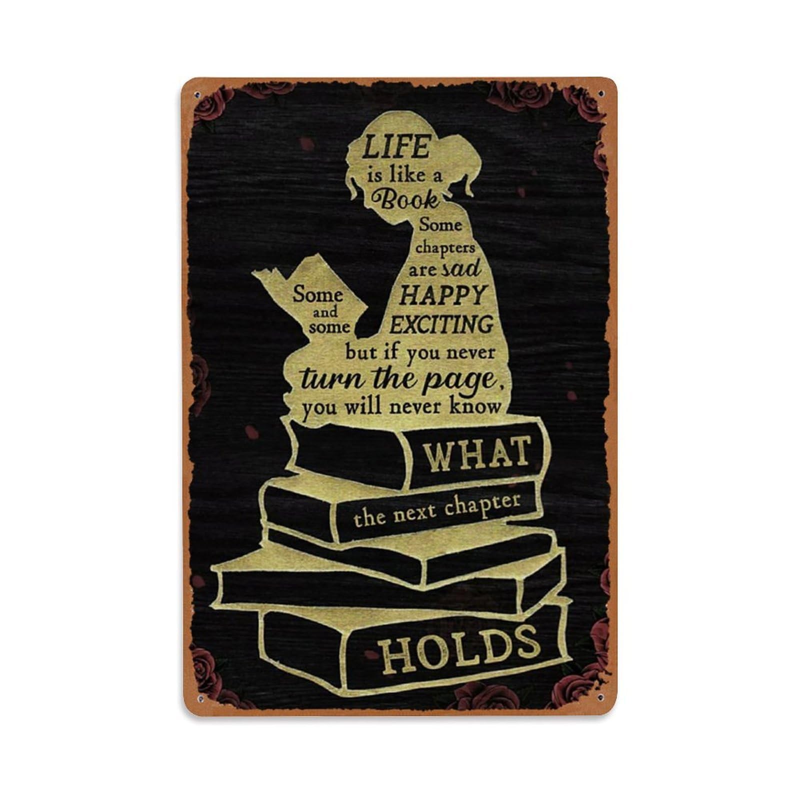 Rkundrne Girls Vintage Reading Book Poster Life Is Like A Book Metal Tin Sign Garden Bedroom Cafe Bar Man Cave Home Wall Decor Metal Poster 8X12 In