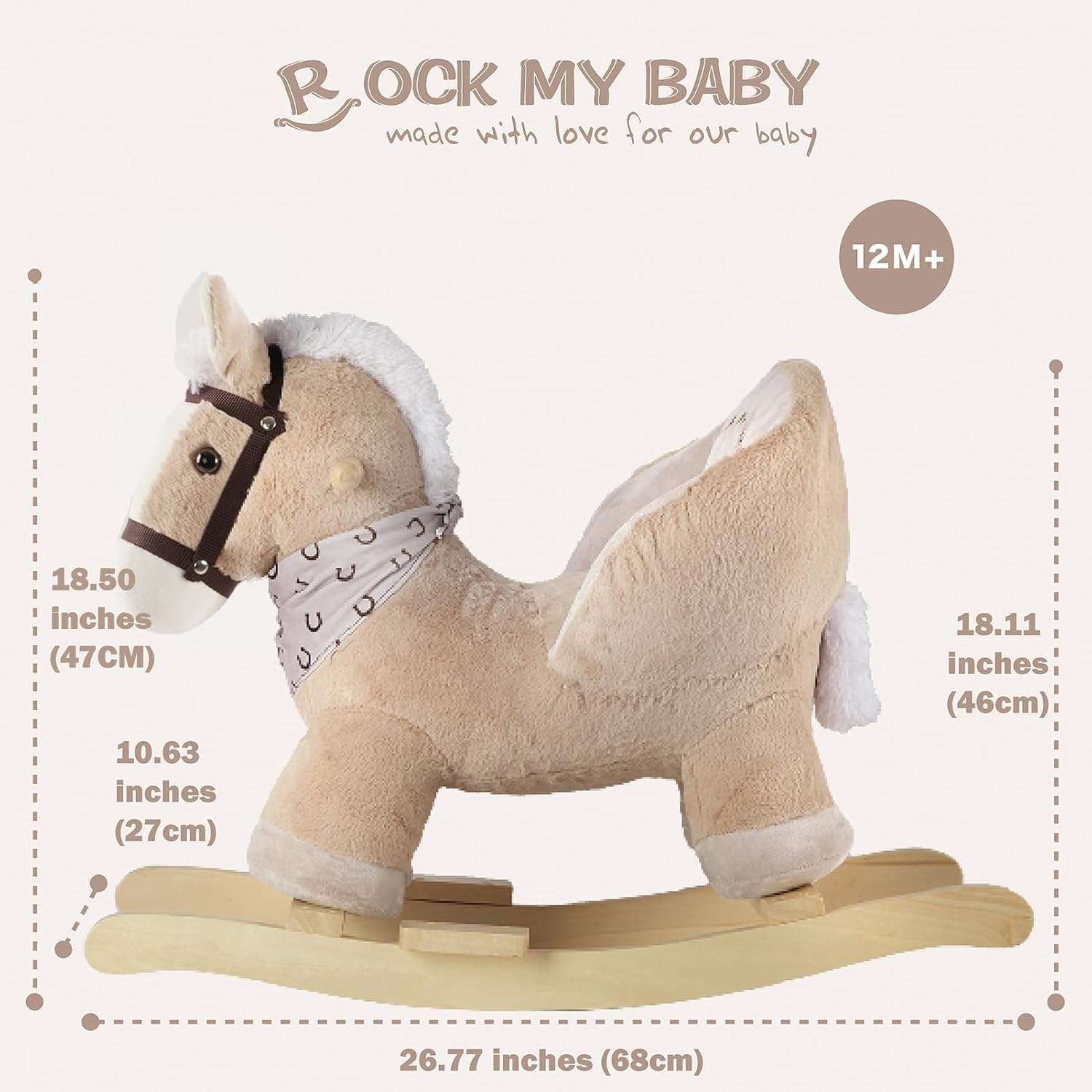 Rocking Horse, Baby Animal Rocking Horse with Seat, Ride on Horse, Plush Rocking Horse with Realistic Sound, Wooden Rocking Horses Ages 1-3 (Caramel Color Horse), CPC Certified